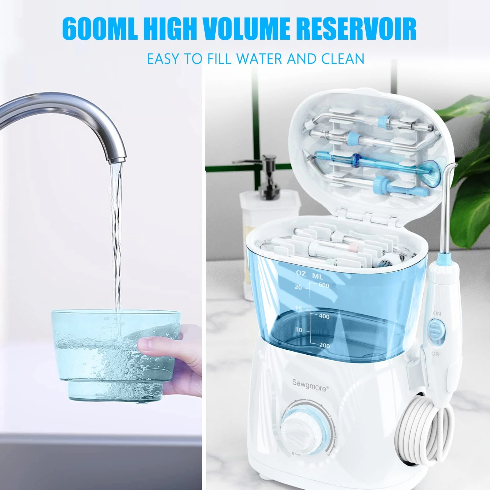Sawgmore Idropulsore Dentale, irrigatore orale professionale con 8 ugelli multifunzionali, 10 impostazioni di pressione dell'acqua, capacità 600 ml, per Cura Famiglia e Cura Dentale