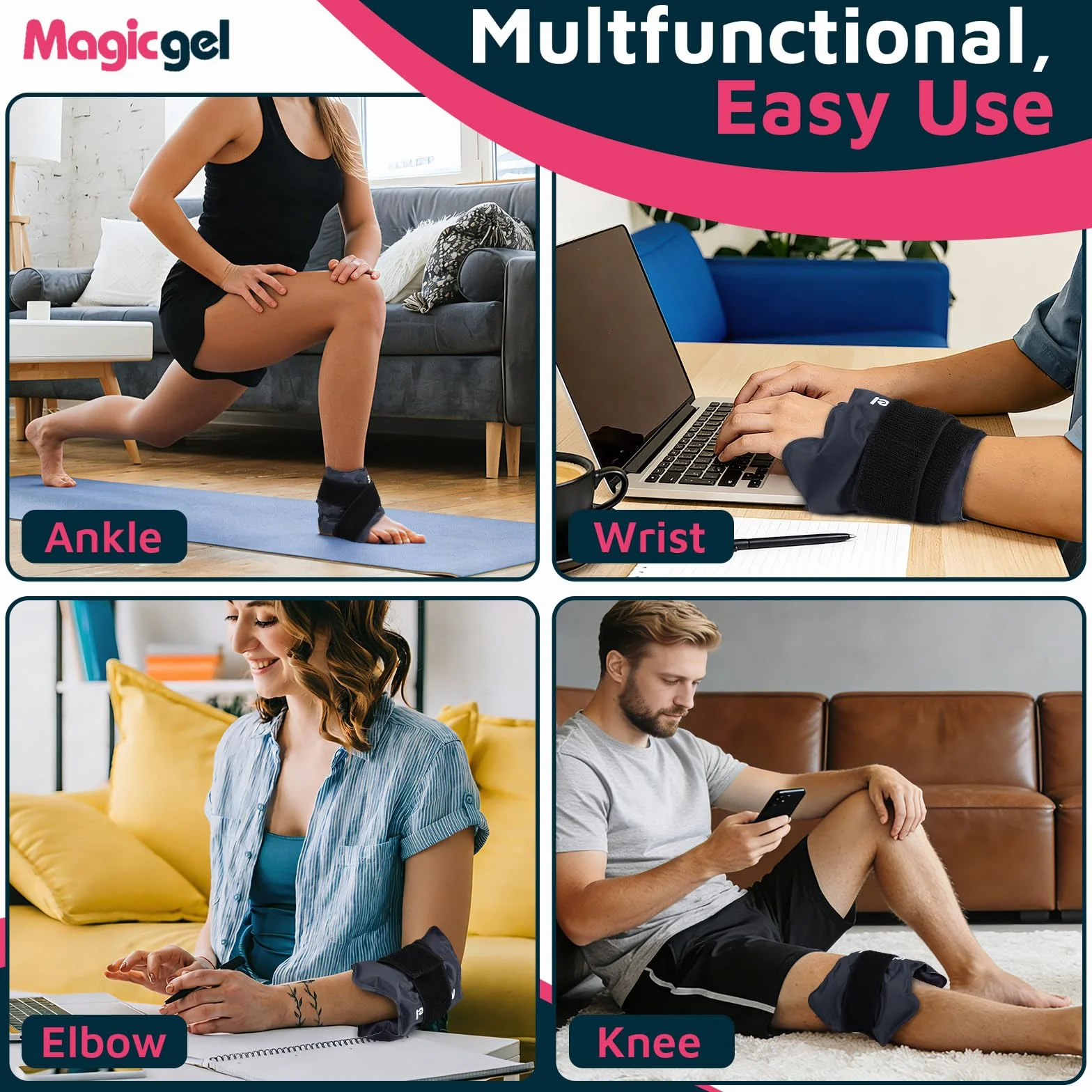 Magic Gel Cavigliera Ghiaccio per Gonfiore e Distorsioni, Impacco Gel Riutilizzabile Caldo/Freddo per Infortuni alla Caviglia e Tendinite d’Achille, Fascia Regolabile per Ginocchio, Gomito e Polso