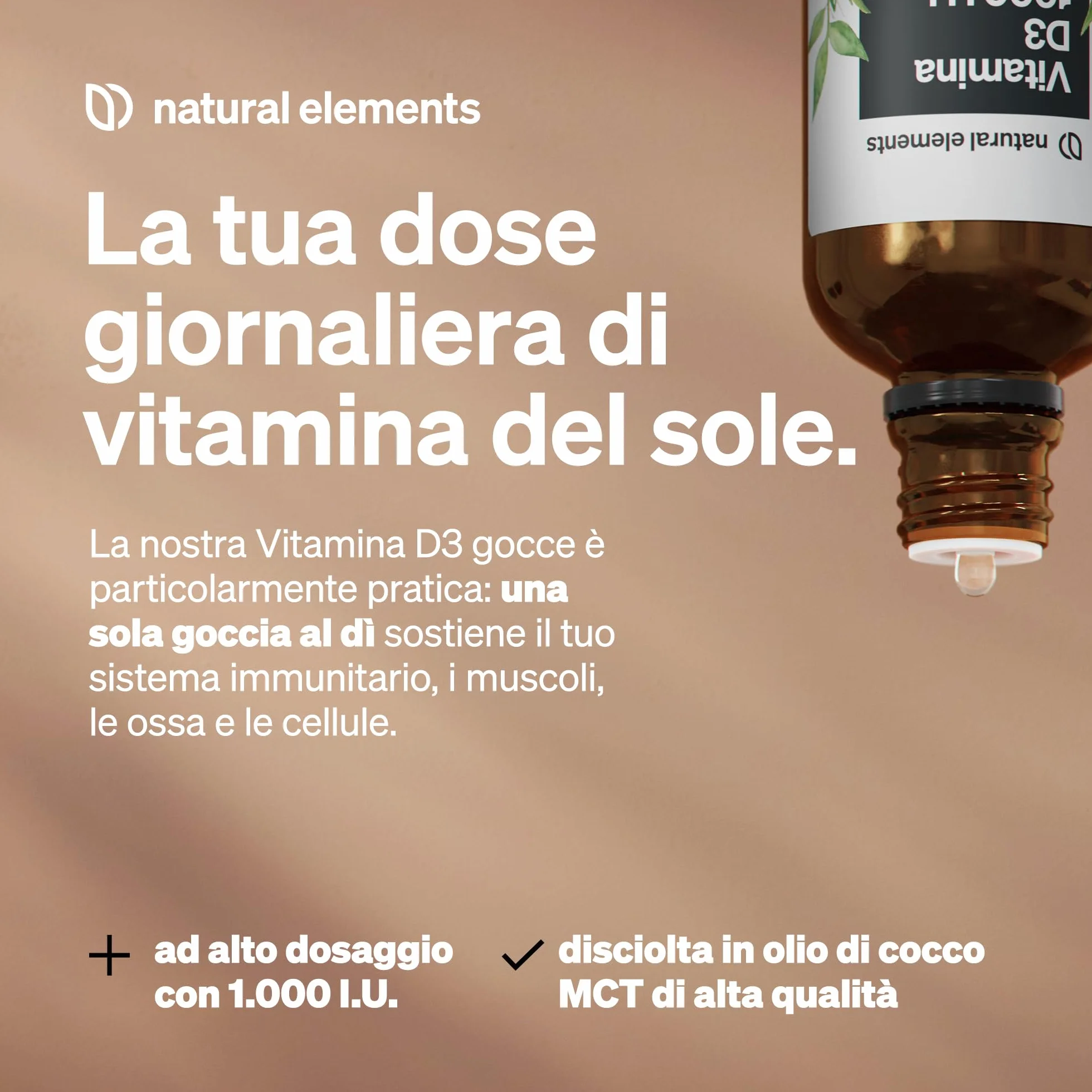 Vitamina D3 – 1000 I.U. per goccia – 50 ml (1750 gocce) – natural elements – In olio MCT di cocco – Integratore Vitamin D – Alto dosaggio, liquida