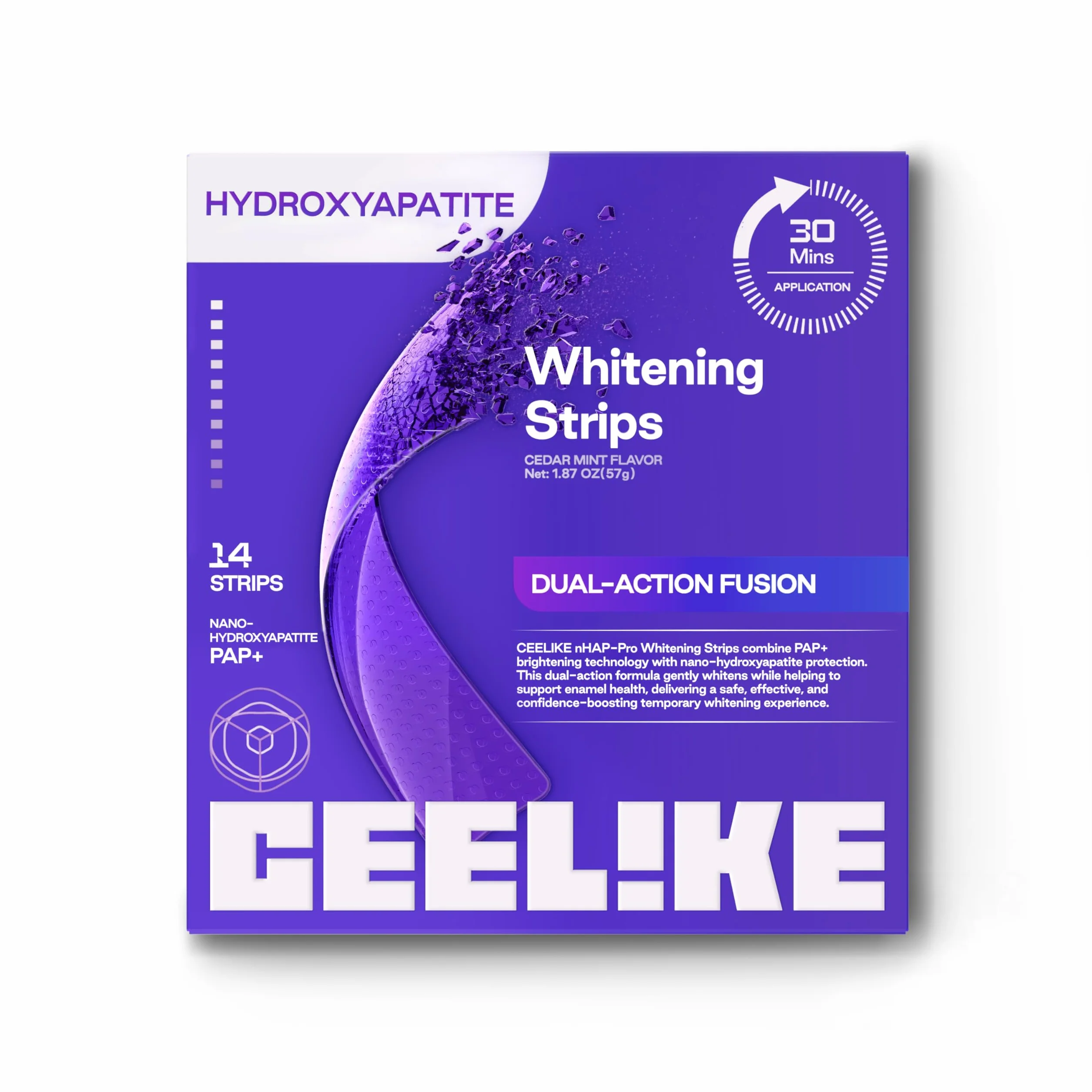 Strisce sbiancanti viola per denti - Formula con PAP + nHAP - Tecnologia viola correttiva del colore - 14 strisce (7 utilizzi) - Adatte ai denti sensibili