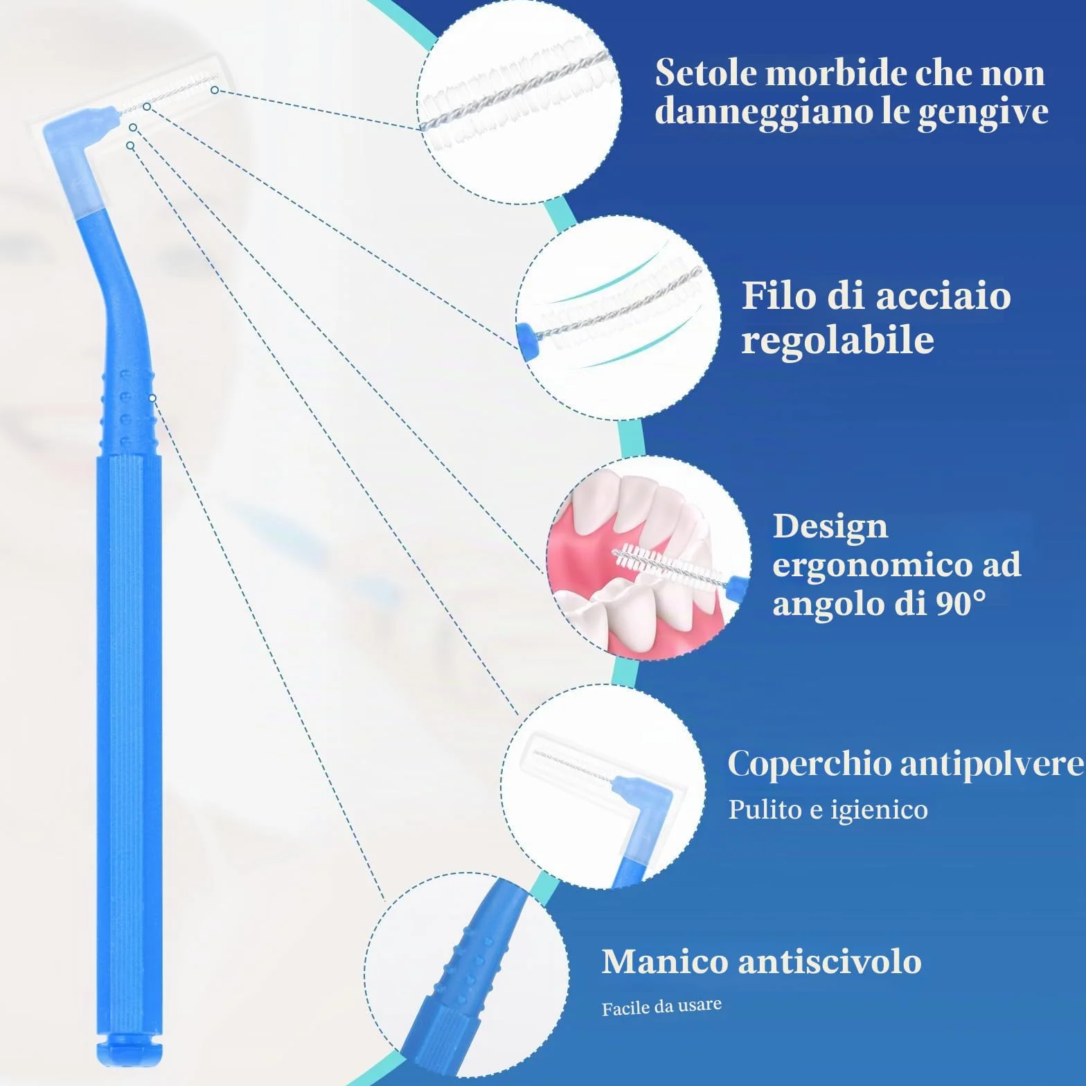 Spazzolini Interdentali 50 Pezzi 5 Taglie Angolati Morbido con Coperchio