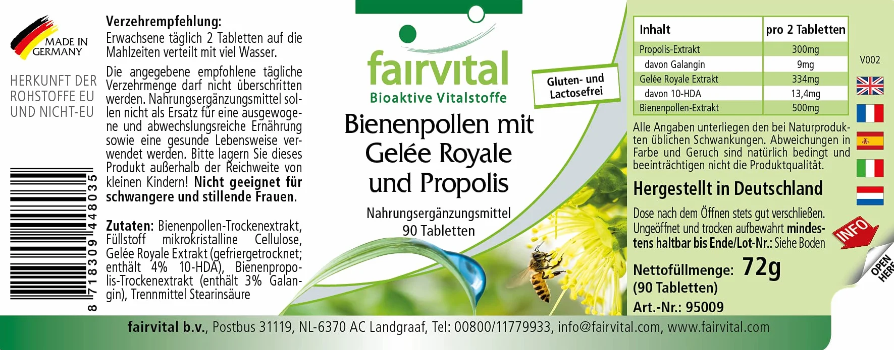 Fairvital Pollen d'api con pappa reale e propoli, 90 compresse, Alto Dosaggio