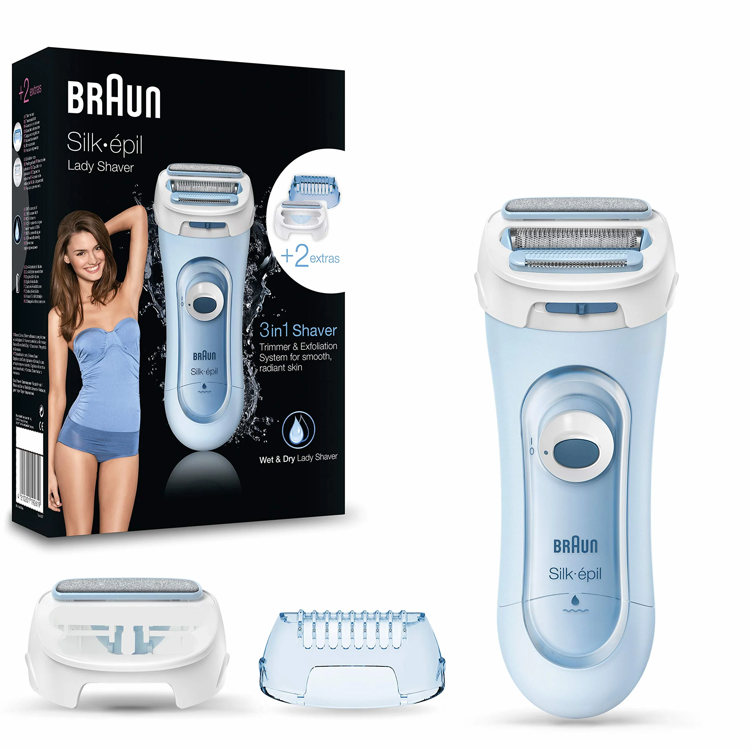 Braun Silk-épil LS5-160 Rasoio Donna Elettrico senza Fili, Rifinitore e Sistema Esfoliante Wet&Dry 3 in 1 con 2 Accessori, Blu
