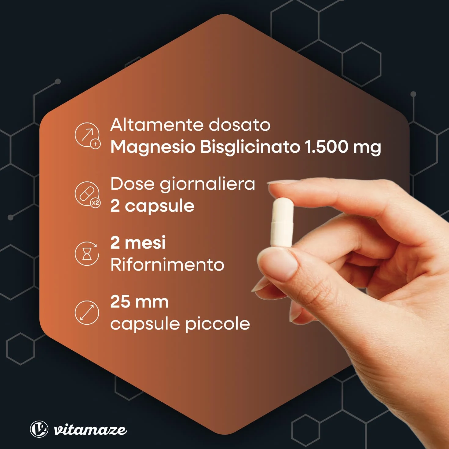 Magnesio Bisglicinato 1500 mg in sole 2 capsule piccole al giorno altamente dosate, 300 mg magnesio elementare, Anti Stress, Fatica e Dolori Muscolari, Rilassante, 120 capsule vegane, Made in Germany