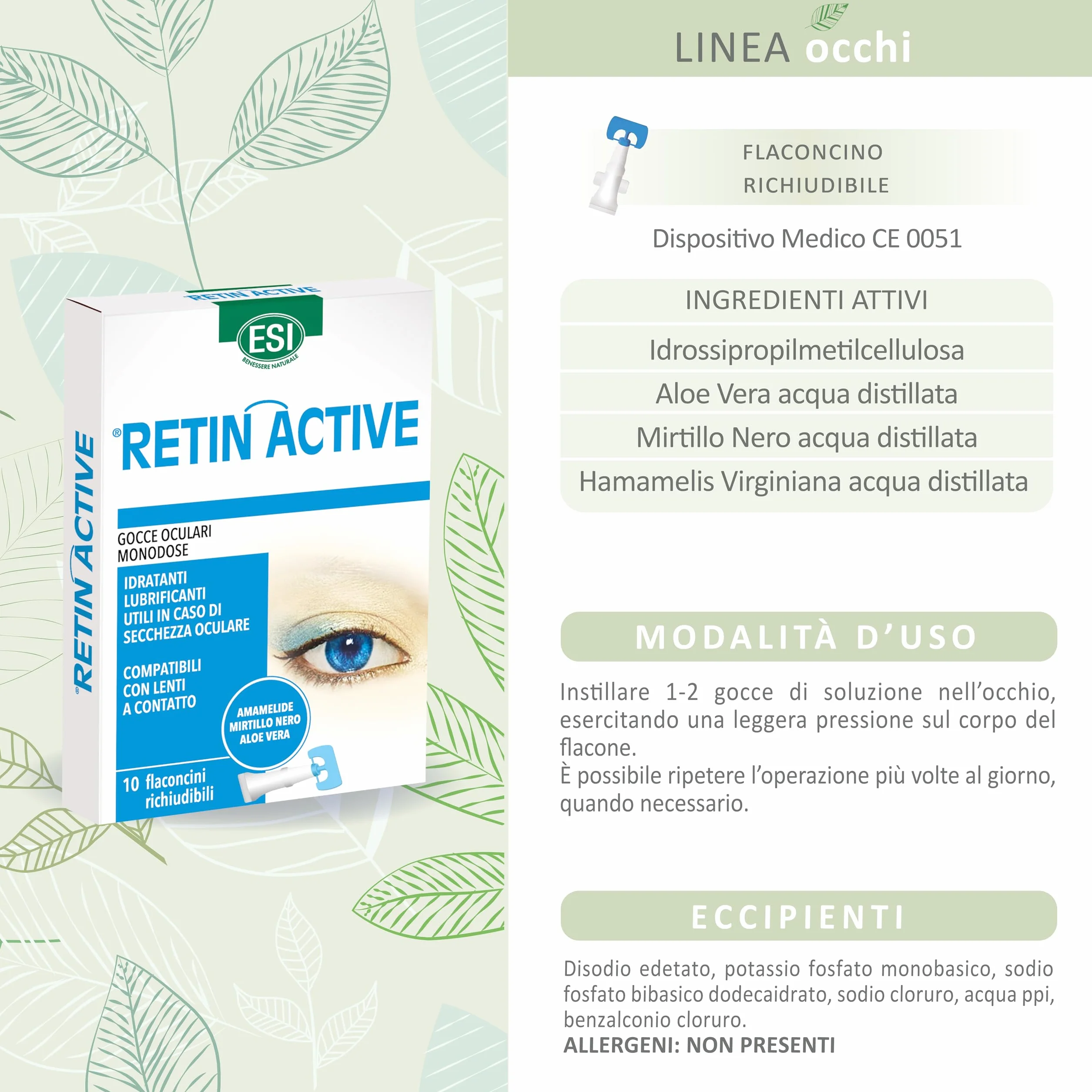 ESI - Retin Active, Gocce Oculari Monodose a Base di Mirtillo Nero per il Benessere della Vista, Idratanti e Lenitive, Proteggono gli Occhi da Condizioni Ambientali Sfavorevoli, 10 Flaconcini
