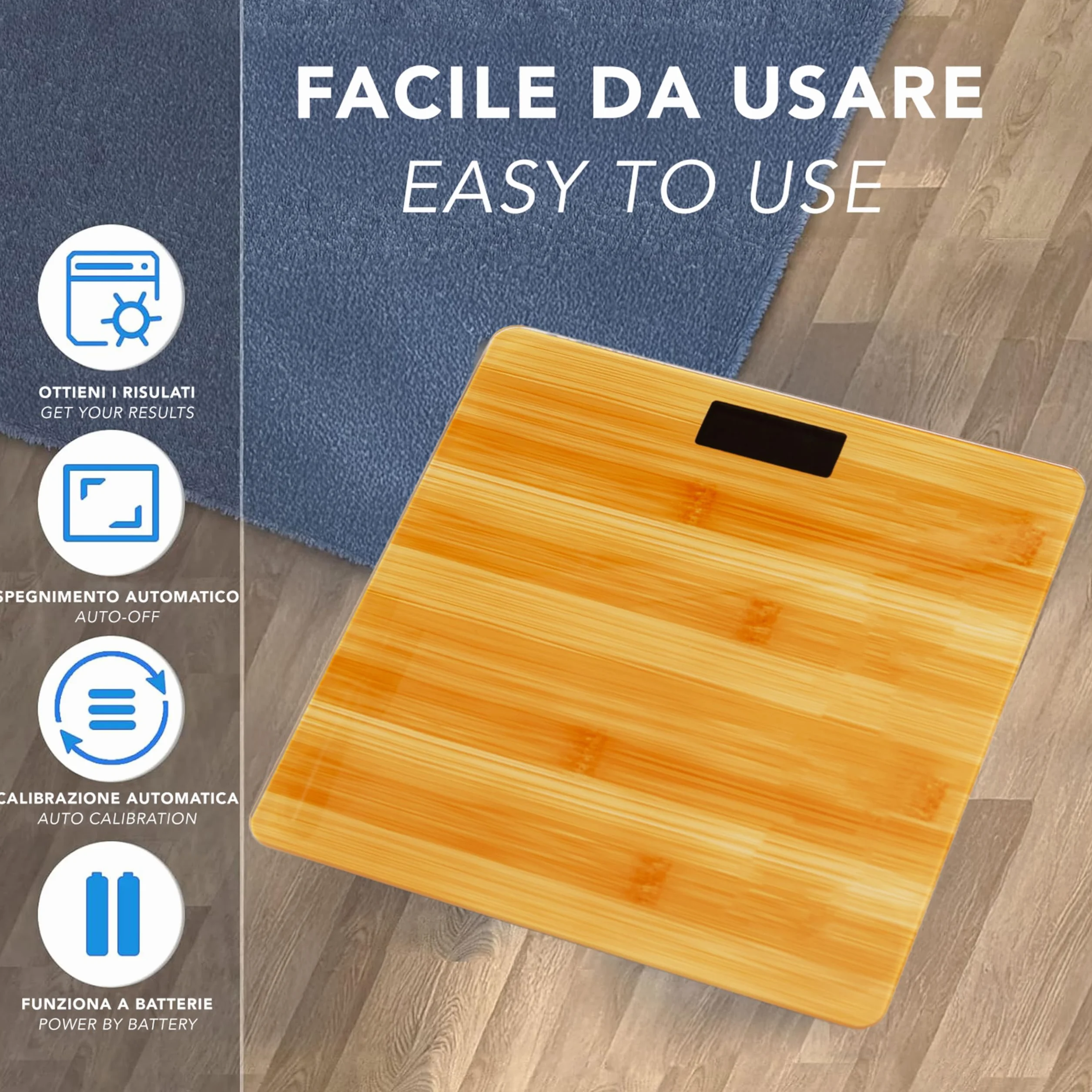 IPEA Bilancia Pesapersone Digitale Ultra Sottile color Legno - Tecnologia STEP ON - Massima Precisione Peso - Design Elegante in Vetro Temperato - Display Misurazione precisa 0,1 KG - Max 180Kg