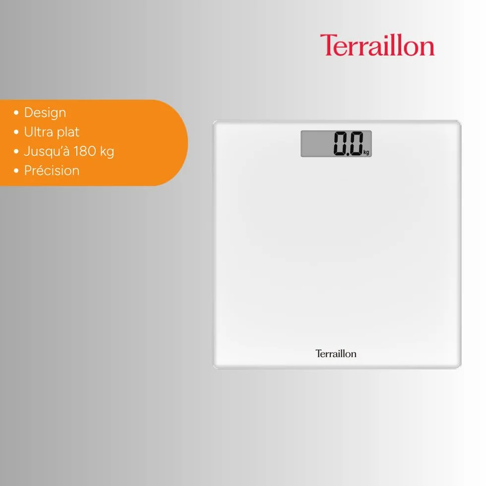TERRAILLON - Bilancia Pesapersone Digitale TSQUARE BIANCO- Compatto e ultra piatto 26 cm x 26 cm - Vassoio vetro-ampio schermo LCD-capacità 180 kg - Graduazione 100 g - Bianco