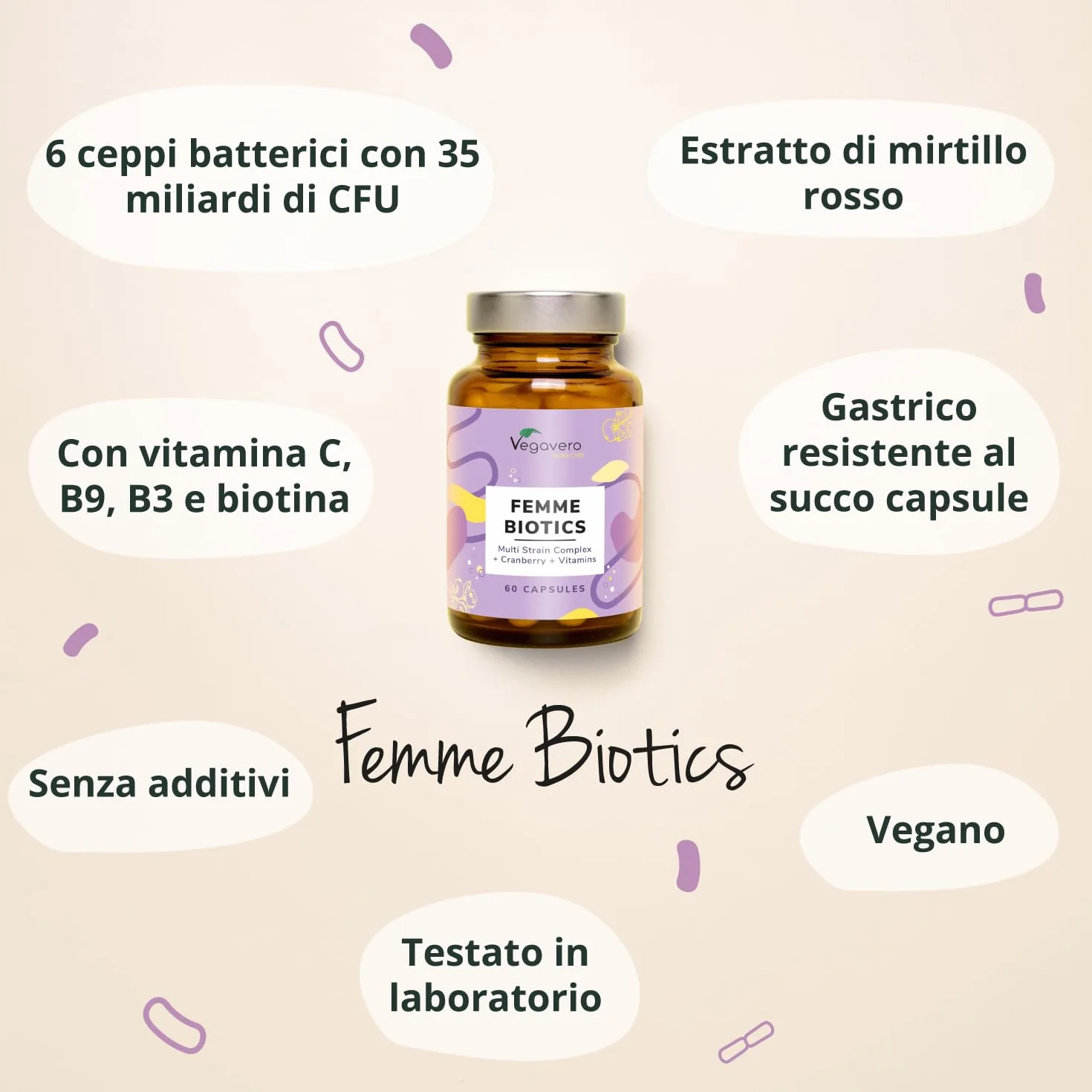 Probiotici Donna | 35 Miliardi UFC/giorno da 6 Ceppi Batterici | con Mirtillo Rosso, Vitamine, Lattobacilli e Bifidobatteri | per Flora Intima e Vie Urinarie | 60 capsule | Vegan | Vegavero
