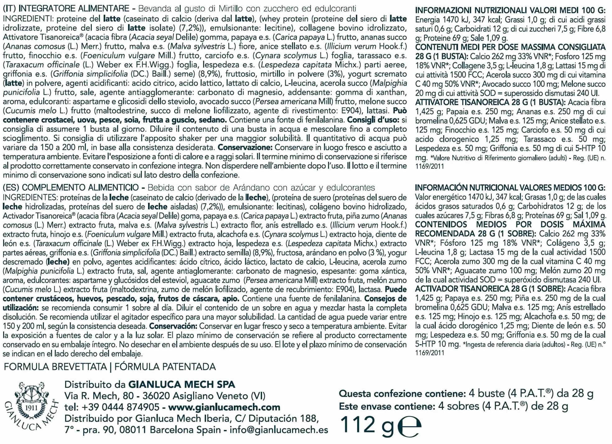 Gianluca Mech | Tisanoreica Bevanda Proteica al Gusto di Mirtillo, 4 x 28g Integratore Alimentare Keto, Supporto Muscolare, 347kcal per 100g