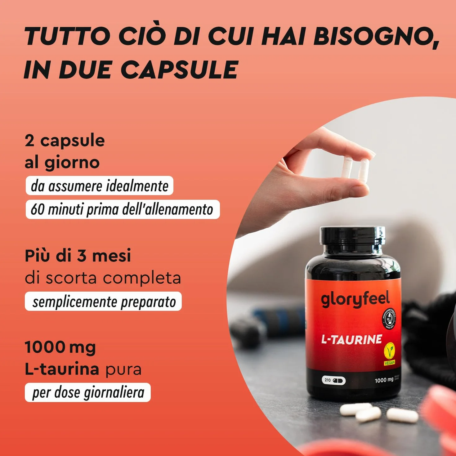 L-Taurina 1000 mg Alto Dosaggio, 3 Mesi, Aminoacido Puro Vegan per Allenamento