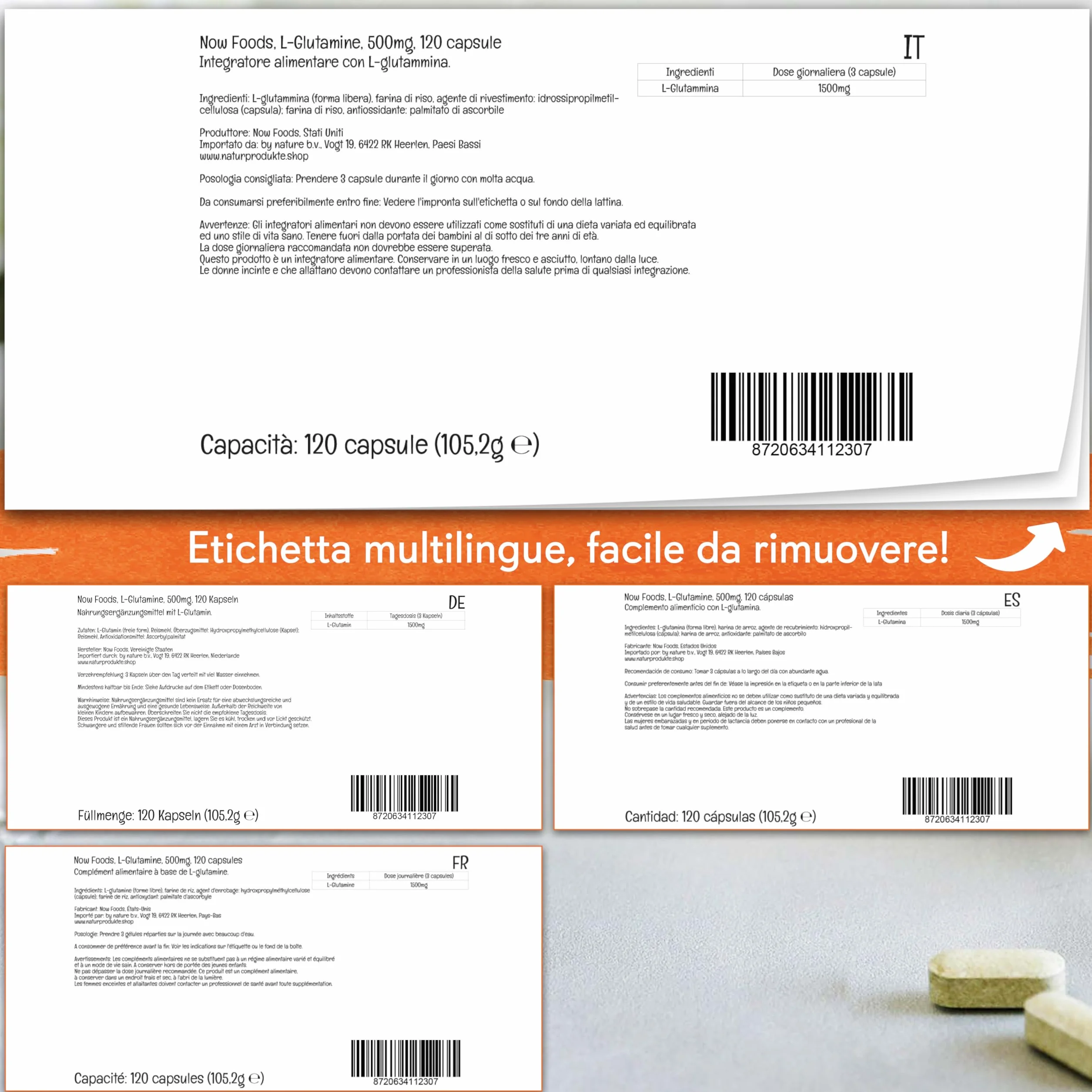 Now Foods, L-Glutamine (L-Glutammina), 500 mg, 120 Capsule vegan, Testato in Laboratorio, Aminoacido, Senza Glutine, Senza Soia, Vegetariano