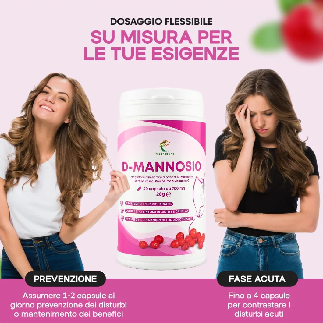 FloTree Lab® D Mannosio Cistite con Cranberry, Pompelmo e Vitamina C, 2000 mg, Integratore Vie Urinarie, 40 Capsule