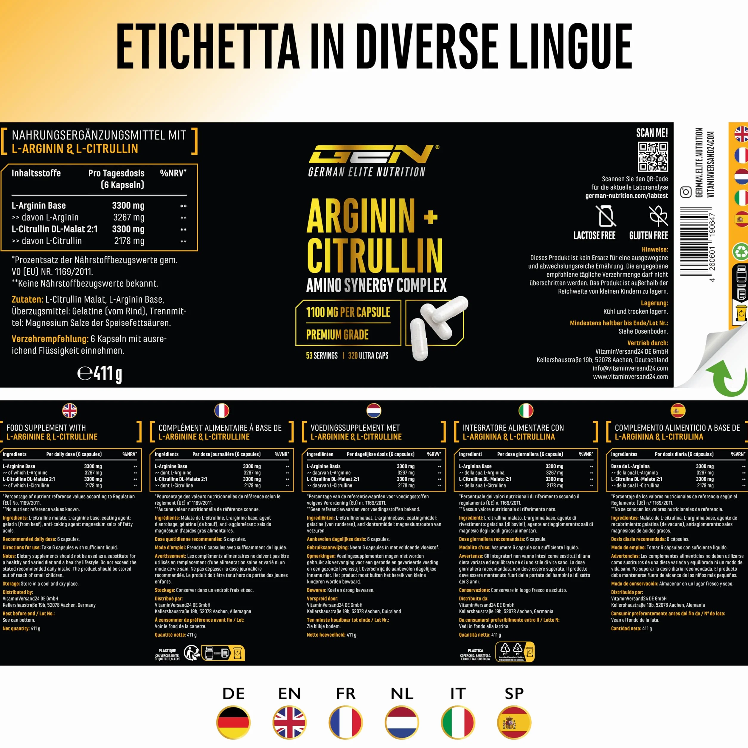L-arginina + L-citrullina - 320 capsule - 1100 mg per capsula - Ultra Caps ad alto dosaggio con arginina base e citrullina nel rapporto 1:1 - Combinazione di aminoacidi di alta qualità