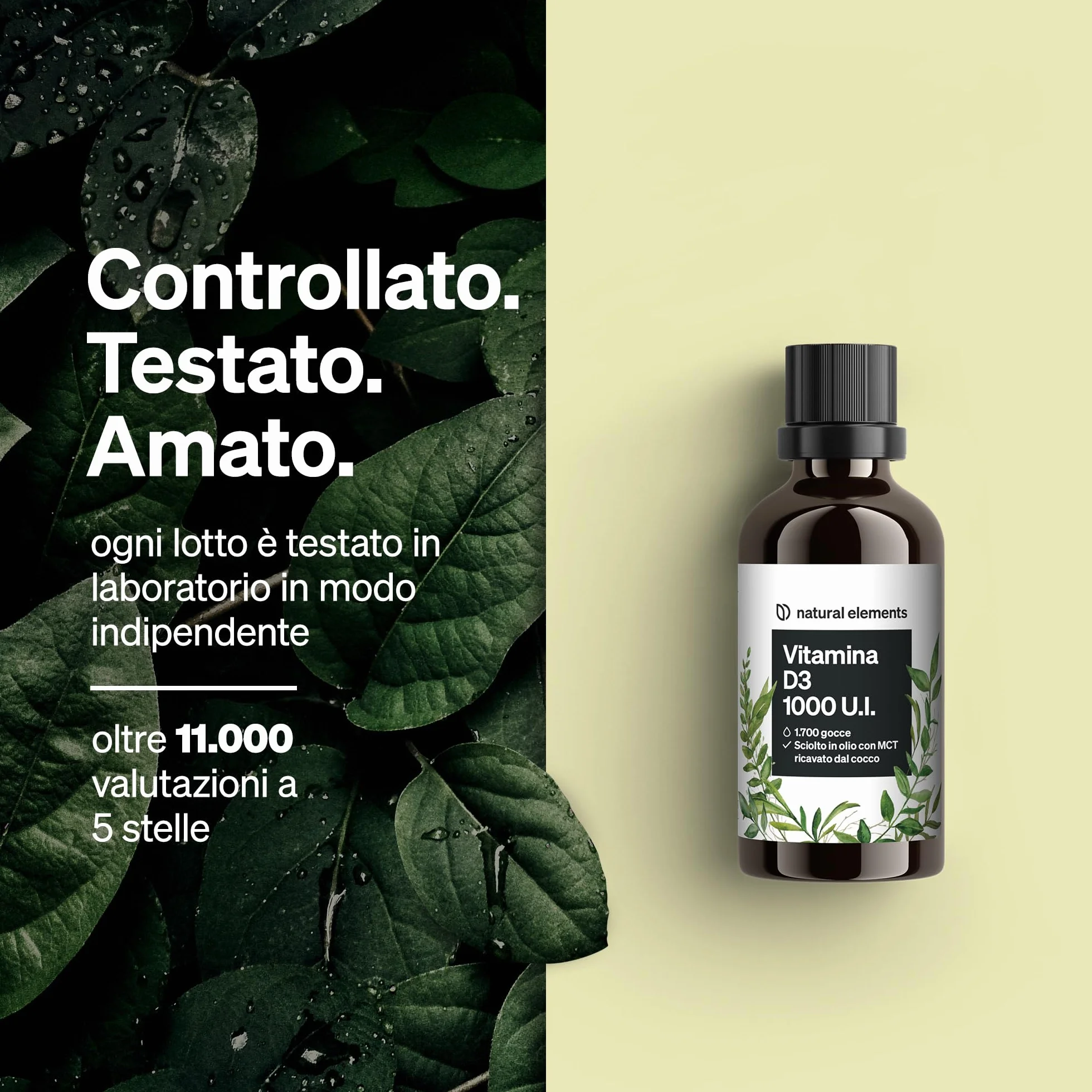 Vitamina D3 – 1000 I.U. per goccia – 50 ml (1750 gocce) – natural elements – In olio MCT di cocco – Integratore Vitamin D – Alto dosaggio, liquida