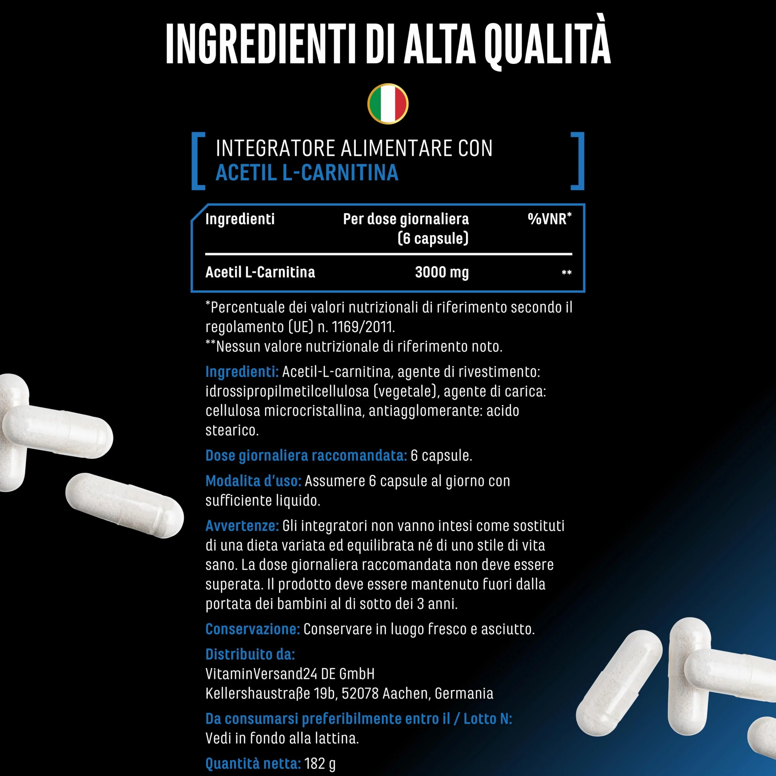 Acetyl-L-carnitina 250 capsule vegane 3000 mg per porzione giornaliera forma acetilata di L-carnitina ad alto dosaggio