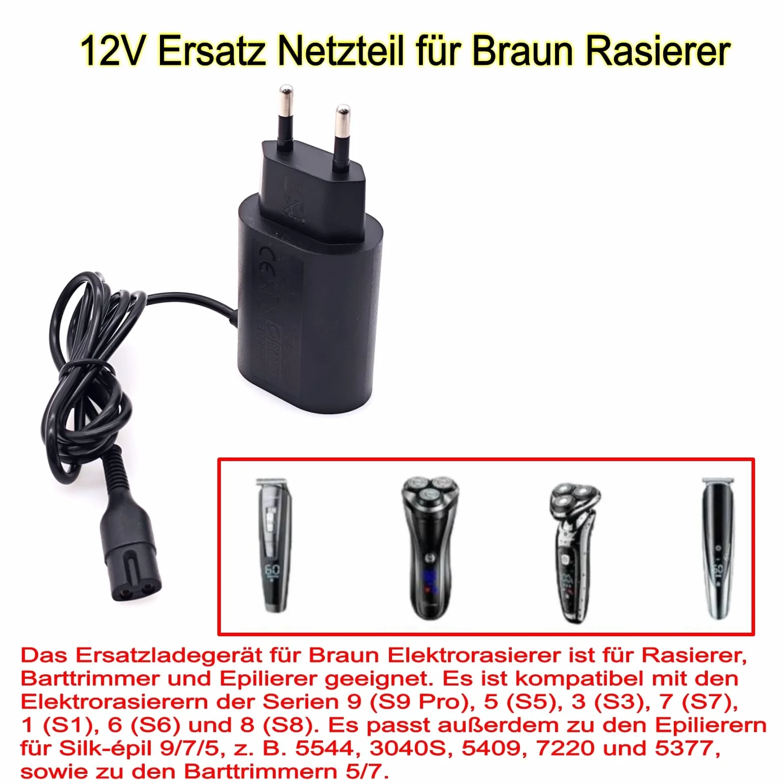 Adattatore Caricabatterie 12 V per Braun Rasoi Serie 1 3 5 7 9, Cavo 1 m