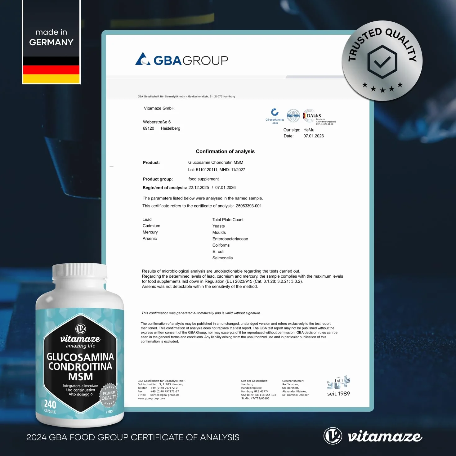 Glucosamina Condroitina MSM 2250 mg con Vitamina C, 240 Capsule, Articolazioni e Cartilagine Integratori, Alto Dosaggio, Naturale senza Additivi non Necessari, Qualitá Tedesca - Vitamaze®