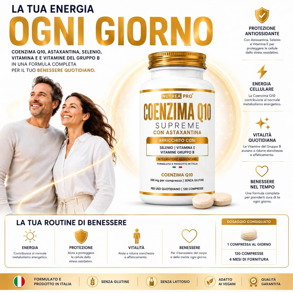Coenzima Q10 200mg con Astaxantina 1mg |Coenzima Q10 migliore stabilità del normale q10 ubichinolo| Q10 Coenzima complex formulata con coq10 Astaxantina Vitamina E B12 B6 B2| NUTREAPRO®