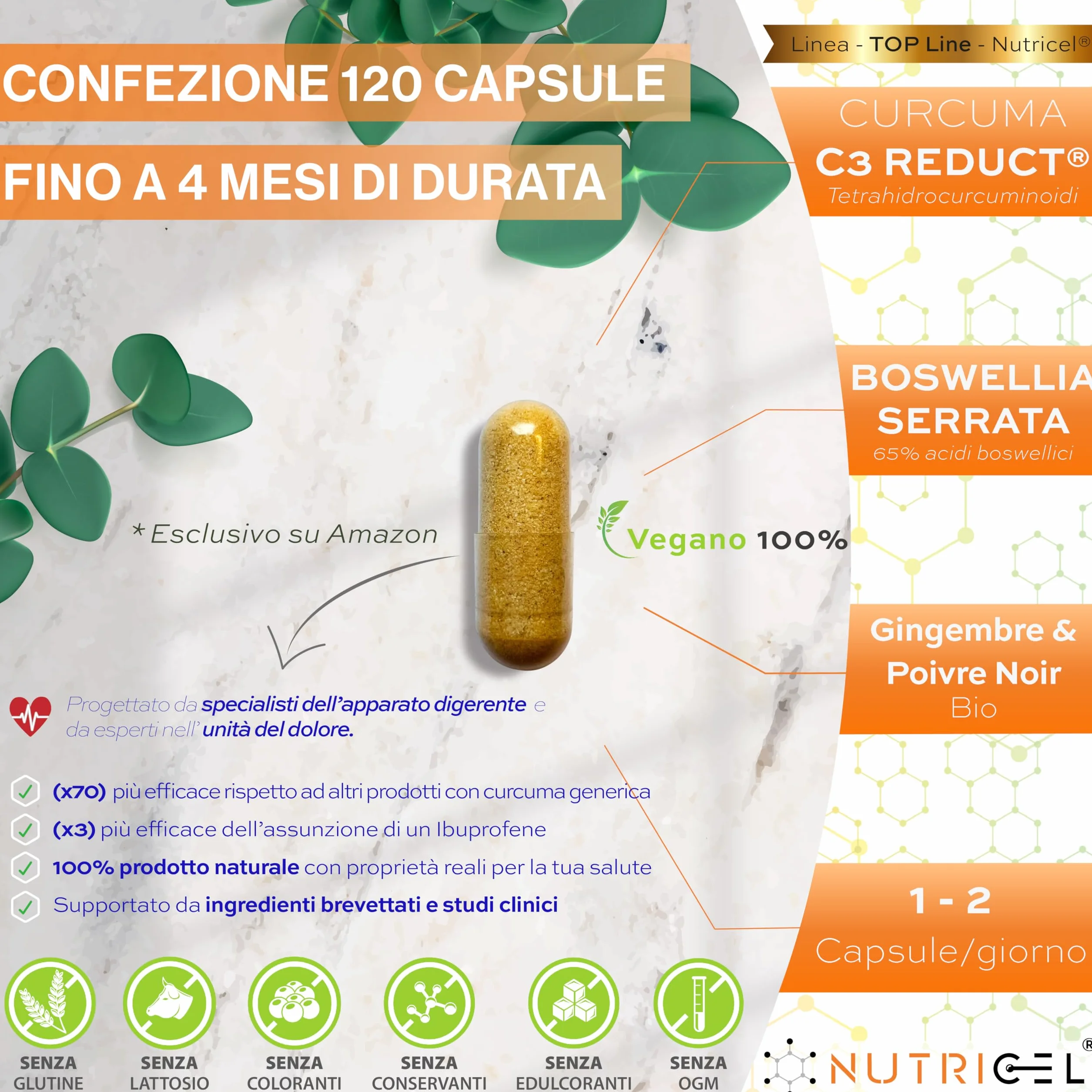 Curcuma Capsule C3 Reduct® con Boswellia, Zenzero e Pepe Nero – Curcumina Antinfiammatorio Naturale 120 Capsule