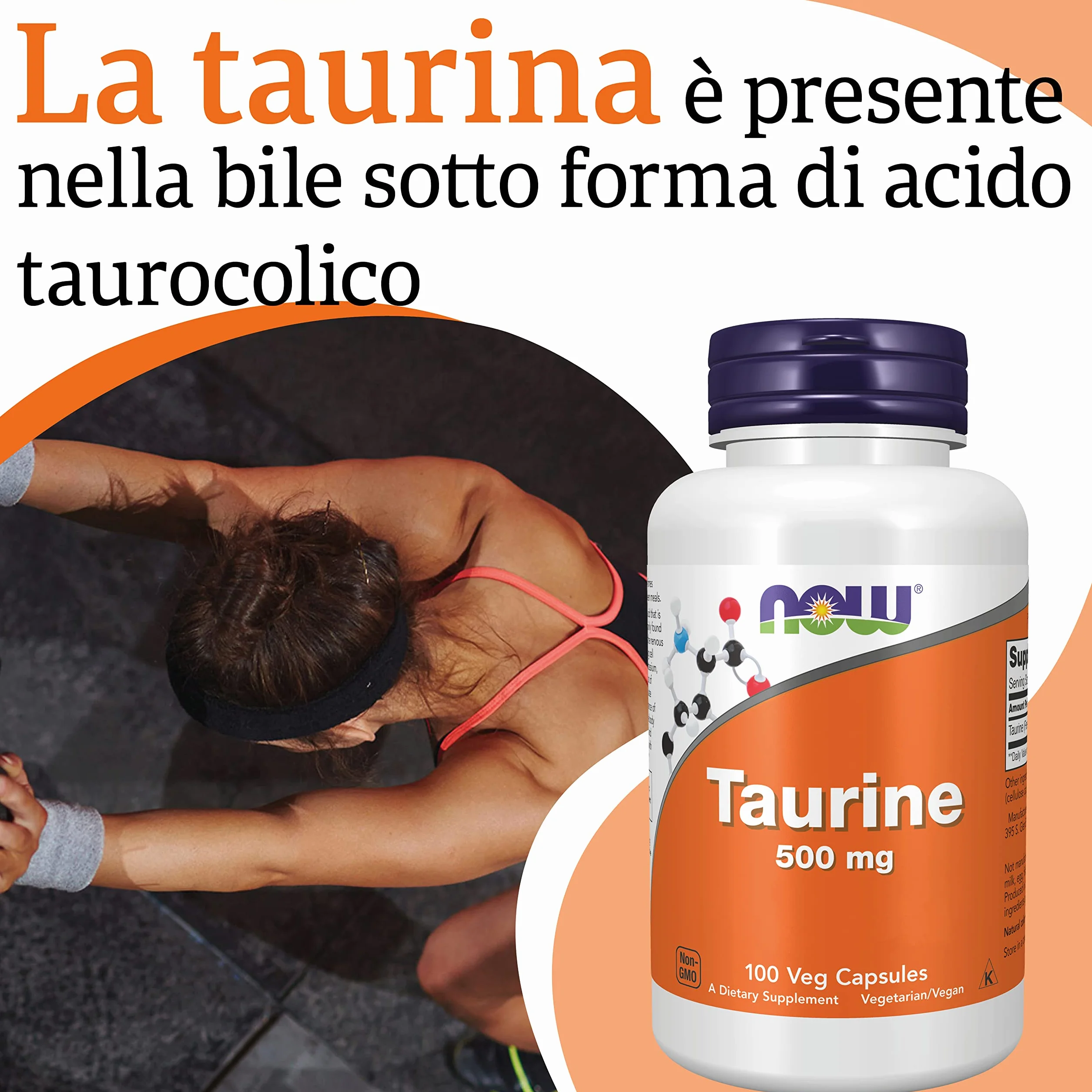 Now Foods Taurina 500 mg 100 Capsule Vegan Aminoacido Testato in Laboratorio