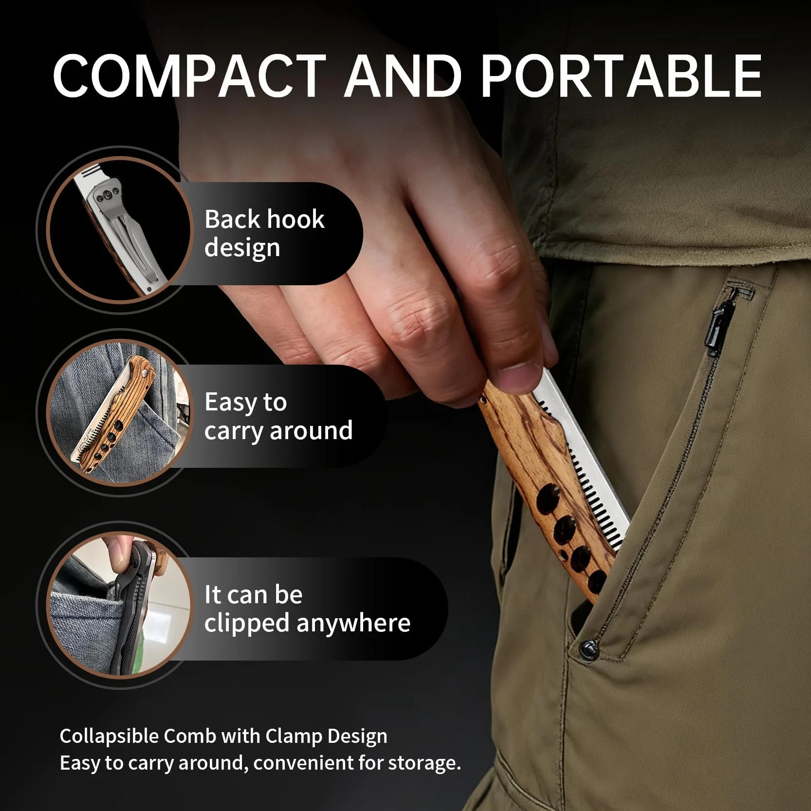 Pieghevole Pettine Barba Uomo Legno Acciaio Inox Accessorio Viaggio Modello Tascabile