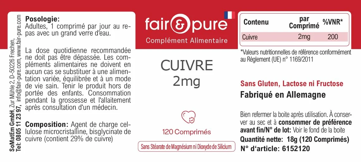 Fair & Pure® - Rame bisglicinato 2mg - Integratore di rame - Buona disponibilità biologica - Vegan - 120 Compresse