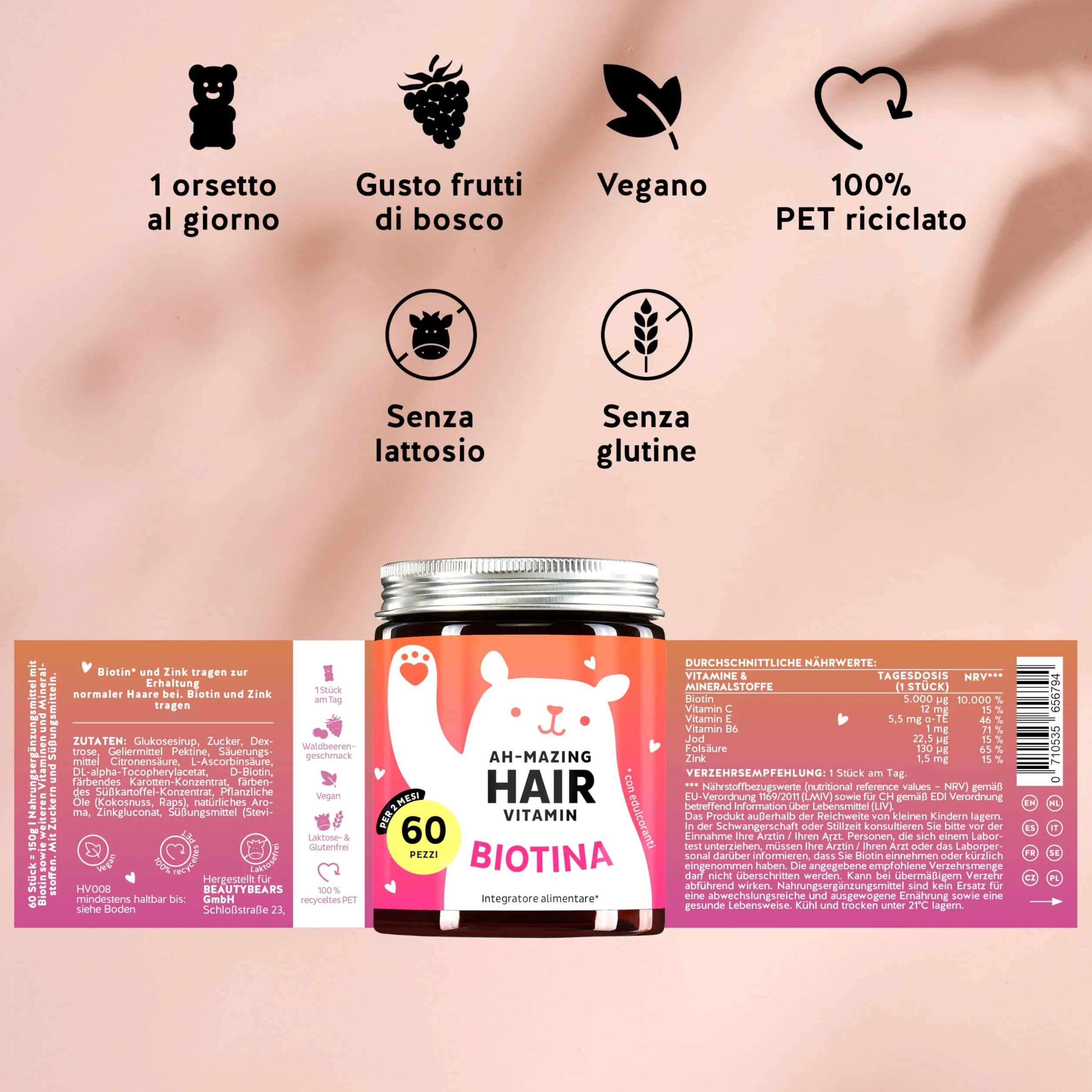 Bears with Benefits Caramelle Gommose Biotina Ah-mazing Hair Vitamins 5000 µg Biotina Zinco Vitamine B6 C E Acido Folico Iodio 60 pezzi Vegano
