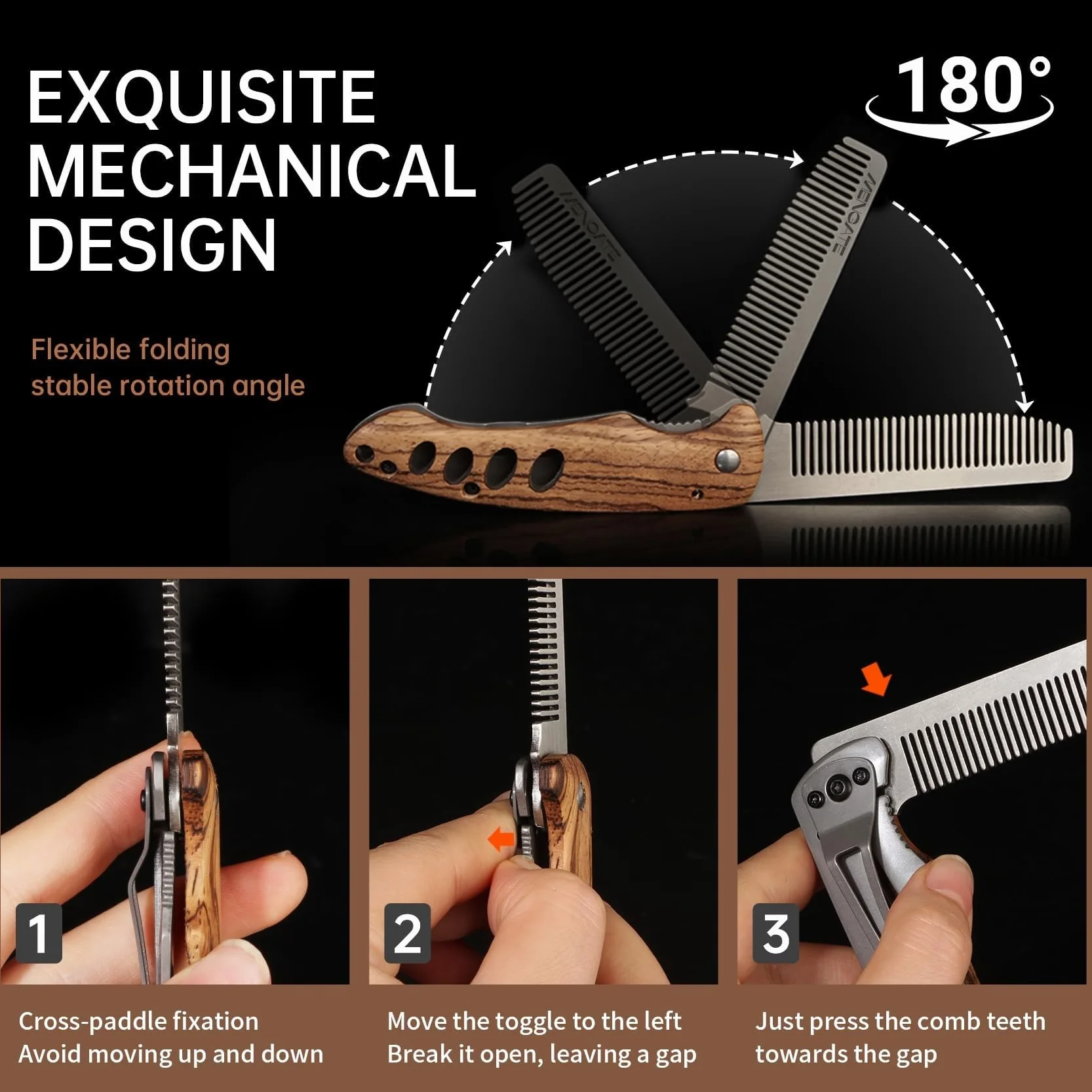 Pieghevole Pettine Barba Uomo Legno Acciaio Inox Accessorio Viaggio Modello Tascabile