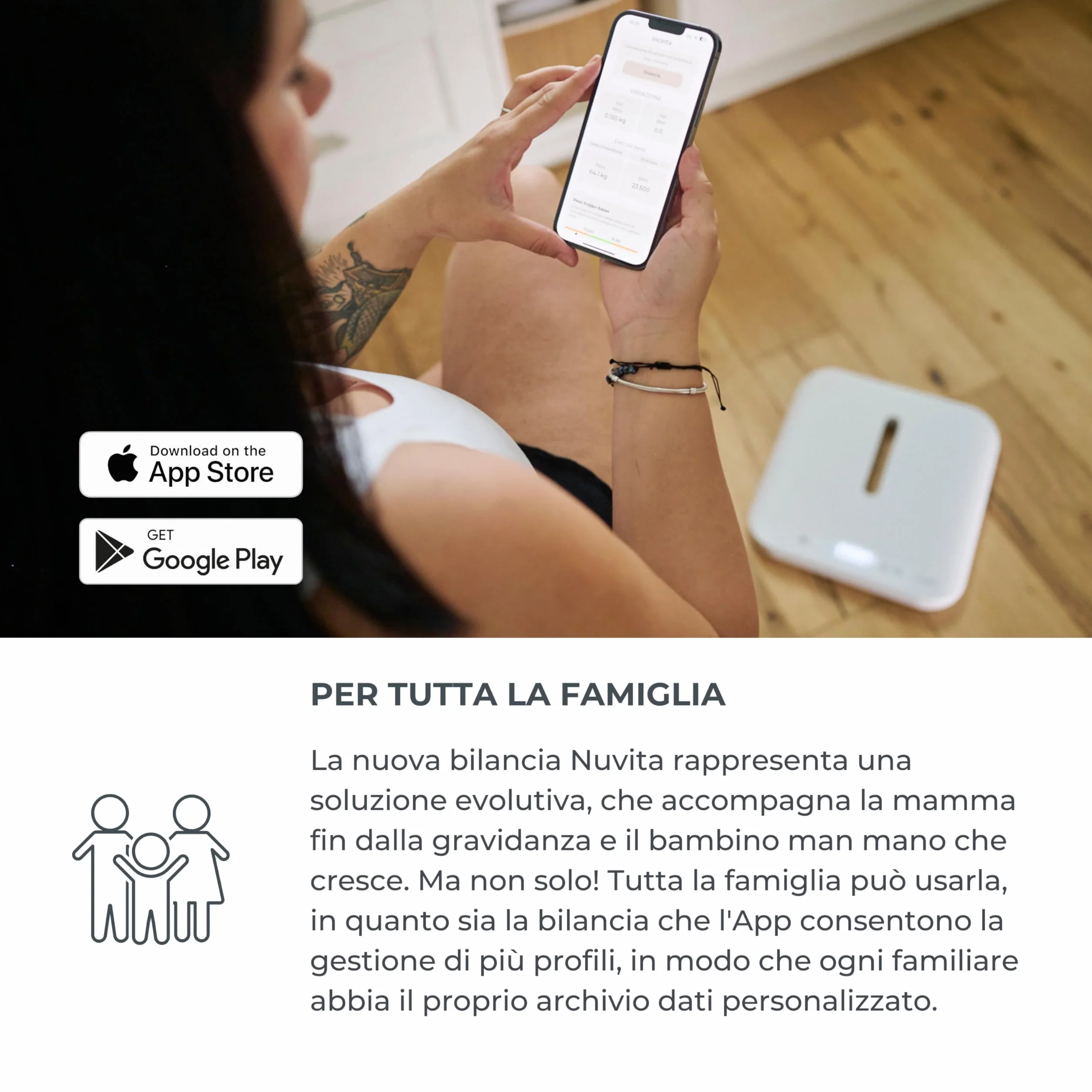 Nuvita 1330 PrimiPesi Bilancia Bluetooth Smart Mamma & Bambino Controllo Crescita Peso AI