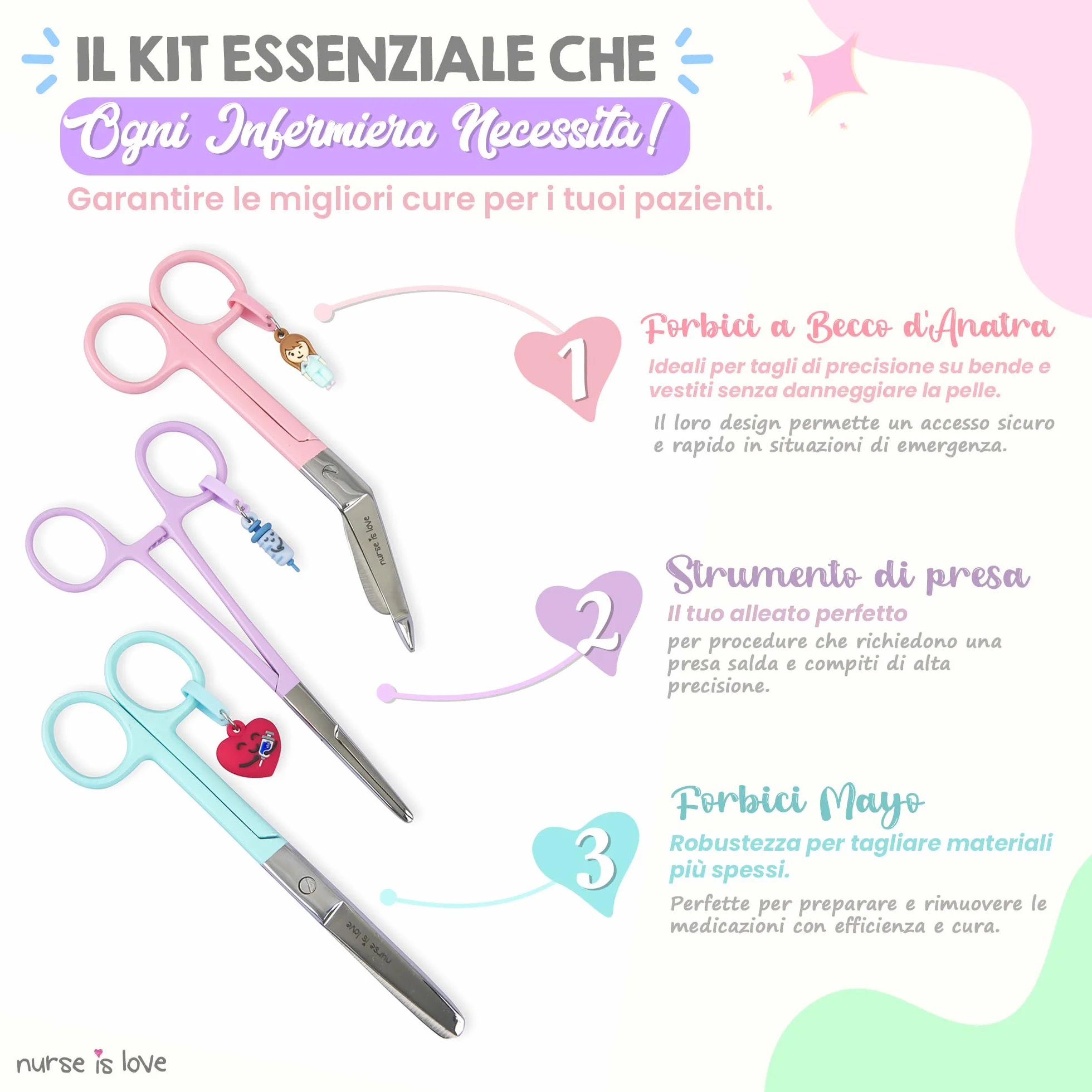 Forbici Infermieristiche Pico di Pato & Dritta Mayo Set 3 pz con Strumento di Fissaggio, Punta Roma per Bende, Primi Soccorsi