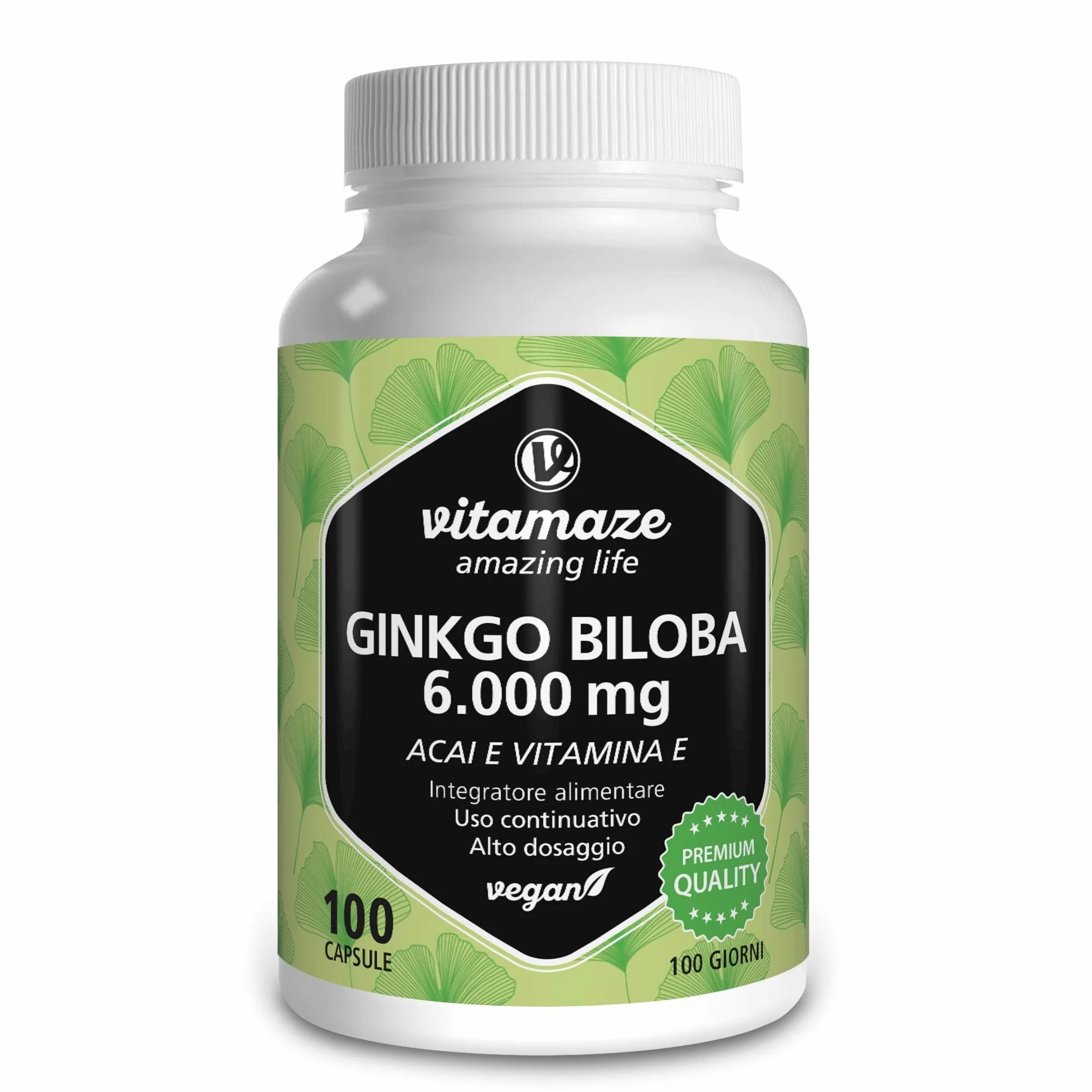 Vitamaze Ginkgo Biloba Complex 6000 mg (50:1) con L Carnitina e Vitamina E, 100 Capsule Integratore Vegano