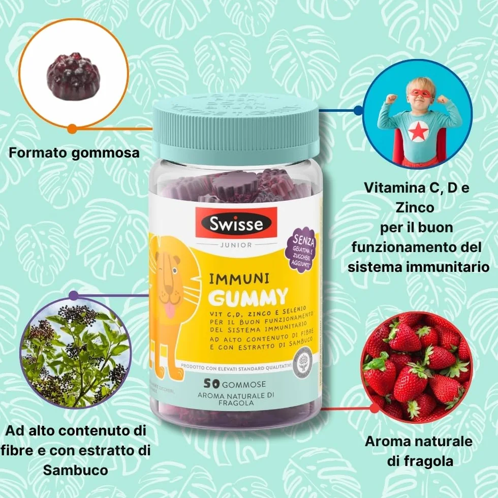 SWISSE Junior - Multivitaminico Completo Bambini con Vitamina D C B12 B6 e Minerali per Supporto al Sistema Immunitario, 50 Gommose ad Alto Contenuto di Fibre, Aroma Naturale di Fragola, Made in Italy