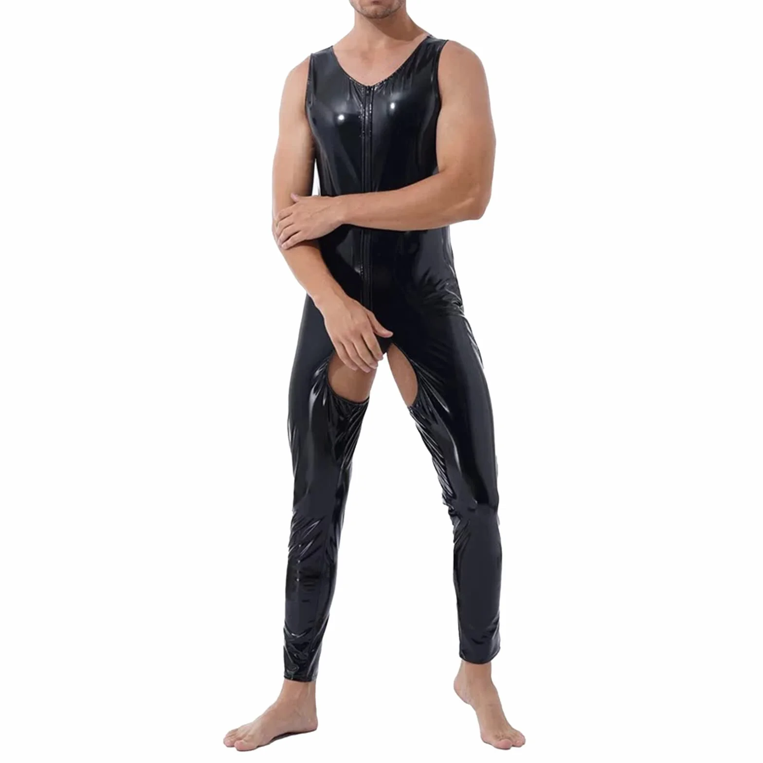 Lattice Catsuit uomo tuta da uomo in stile bagnato, materiale slim fit, lattice lucido, tuta sexy in pelle laccata, maglia da uomo, alla moda, per feste, clubwear, effetto laccato, effetto