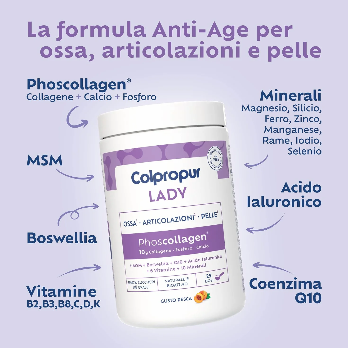 Colpropur Lady Gusto Pesca Collagene Idrolizzato in Polvere da Bere Peptidi di Collagene Integratore per Ossa Pelle e Articolazioni 340g