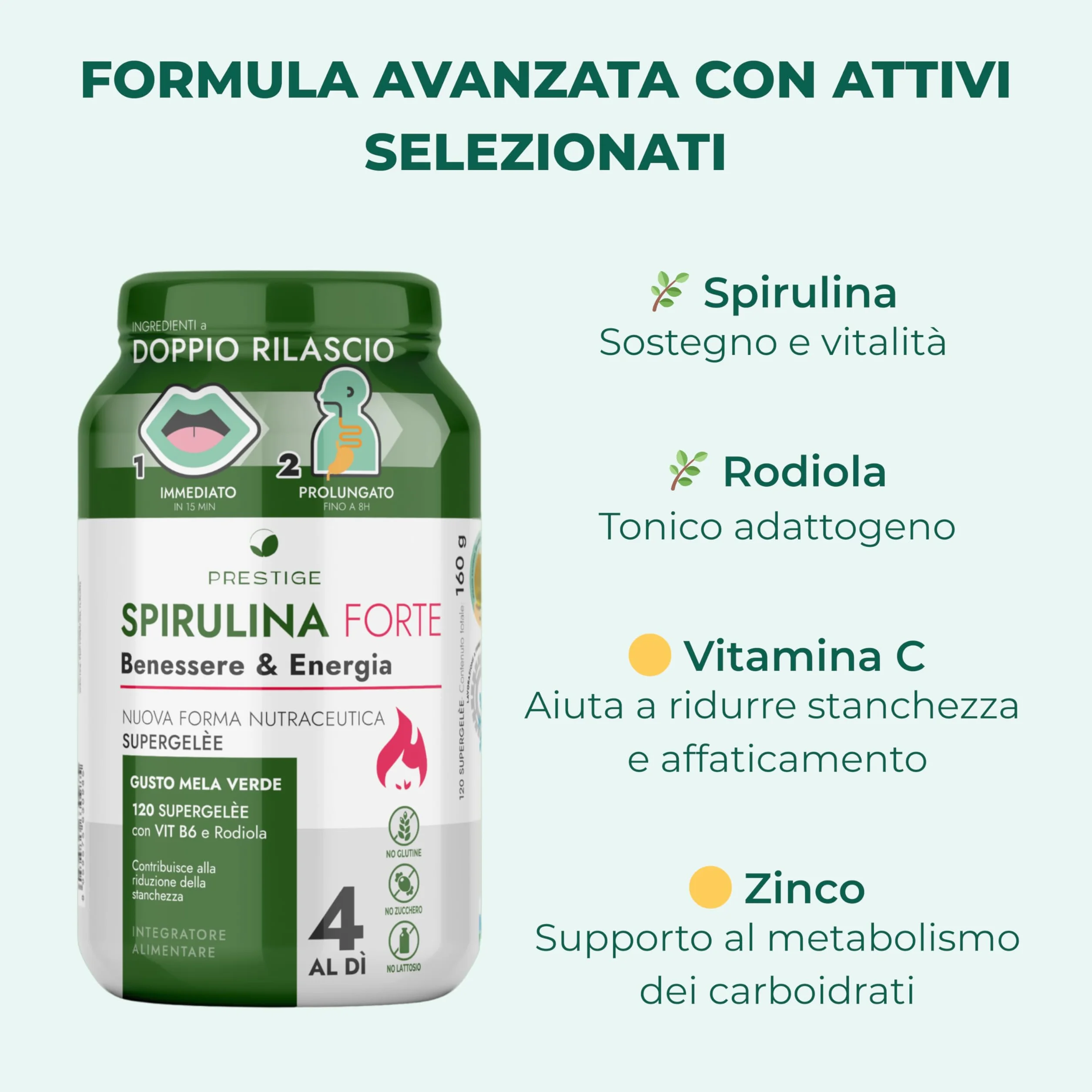Spirulina Forte Integratore 120 Gommose Supergelée Mela Verde - Energia Focus Mentale Stanchezza Metabolico