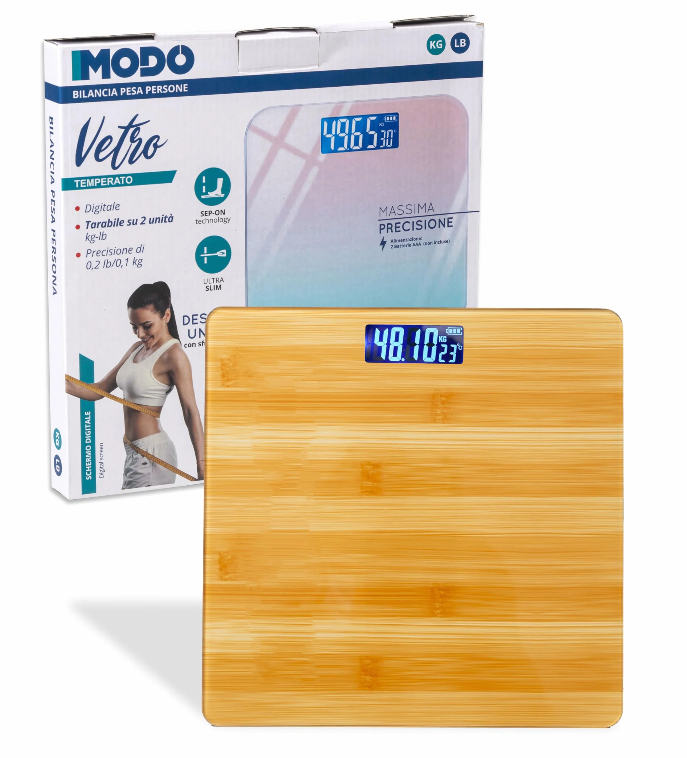 IPEA Bilancia Pesapersone Digitale Ultra Sottile color Legno - Tecnologia STEP ON - Massima Precisione Peso - Design Elegante in Vetro Temperato - Display Misurazione precisa 0,1 KG - Max 180Kg