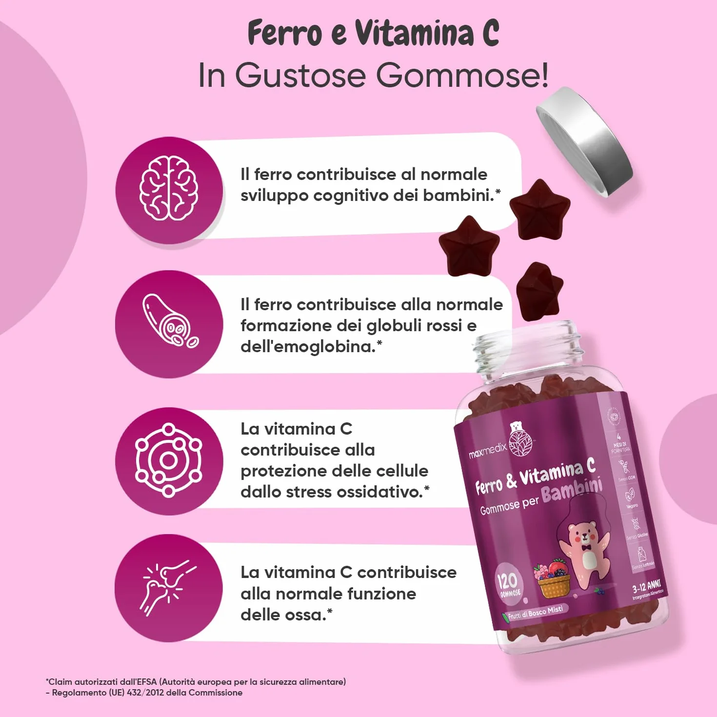 Ferro Bambini con Vitamine Gommose, 120 Caramelle Vegane ai Frutti di Bosco con Vit C, (4 Mesi di Fornitura) dai 3 ai 12 Anni, Integratore Ferro e Vitamina C Bambini Gommose, Prive di Glutine e OGM