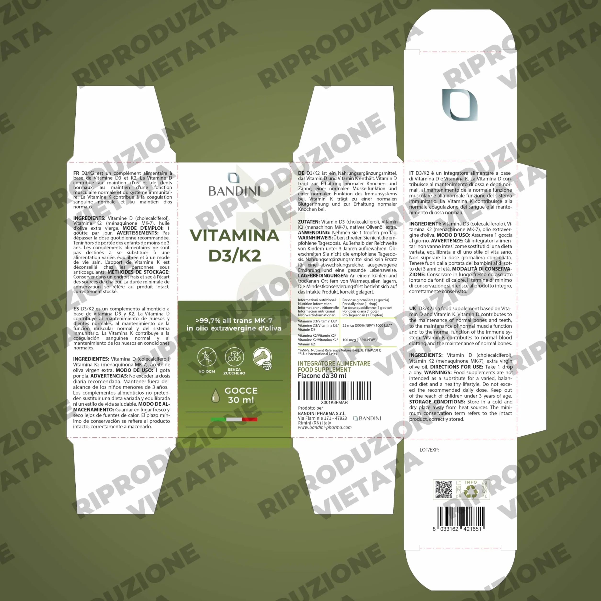 Bandini Vitamina D3 K2 Gocce in Olio Extra Vergine di Oliva EVO 1000 UI Colecalciferolo 100 mcg MK-7 Menachinone