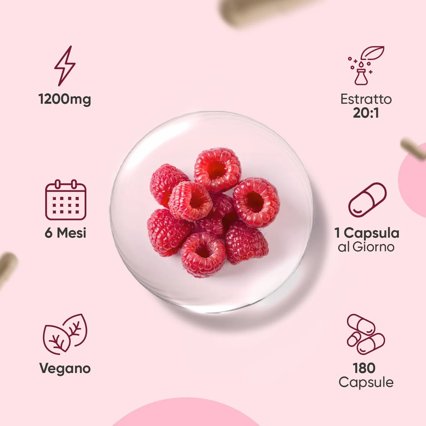Integratore Chetoni di Lampone Puro 180 Capsule Vegane 1200mg 20:1 Estratto