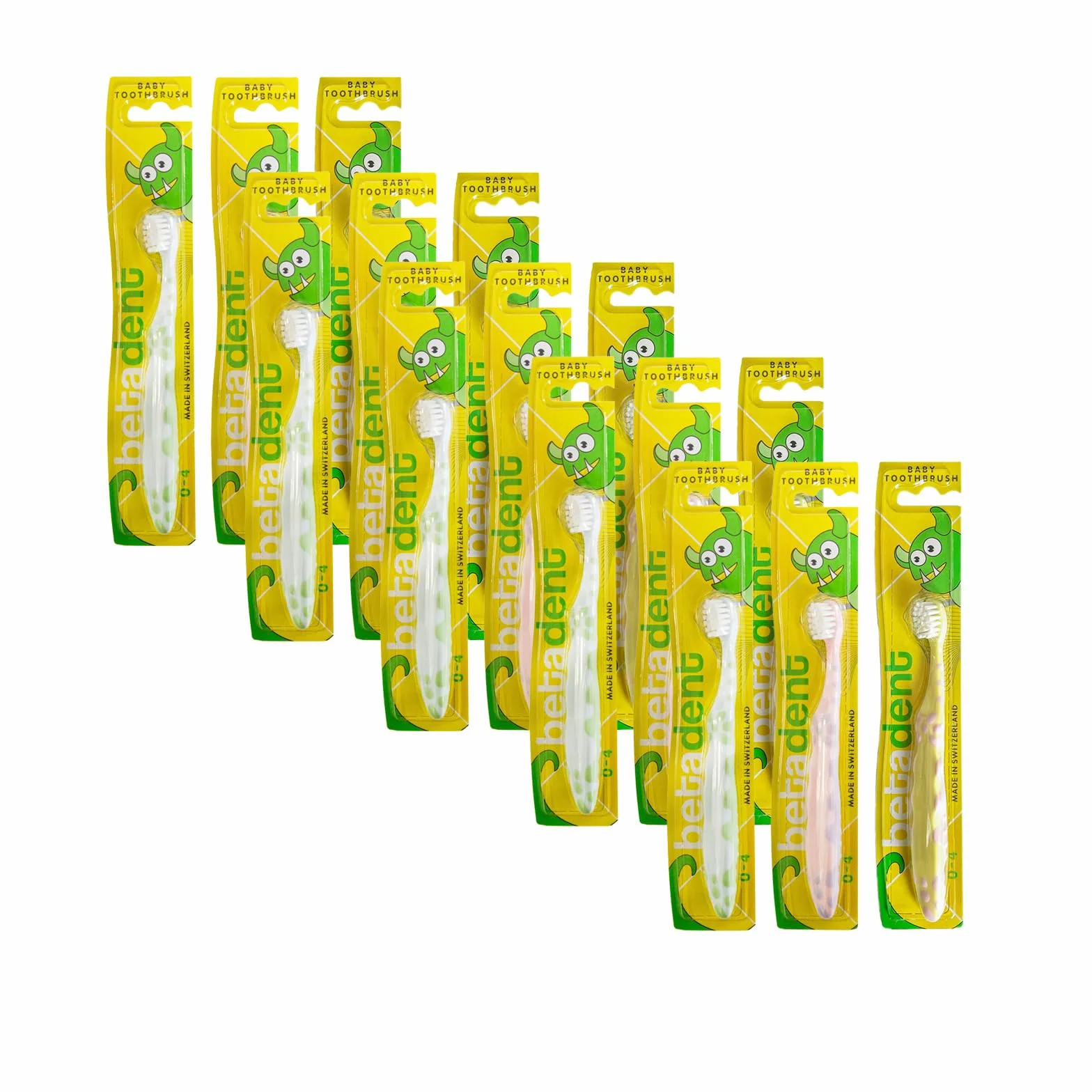 Betadent KIT 15 SPAZZOLINO EXTRA SOFT BABY 0-4 anni. Setole morbide con punte arrotondate adatte ai denti dei bambini. 15 pezzi, colori assortiti