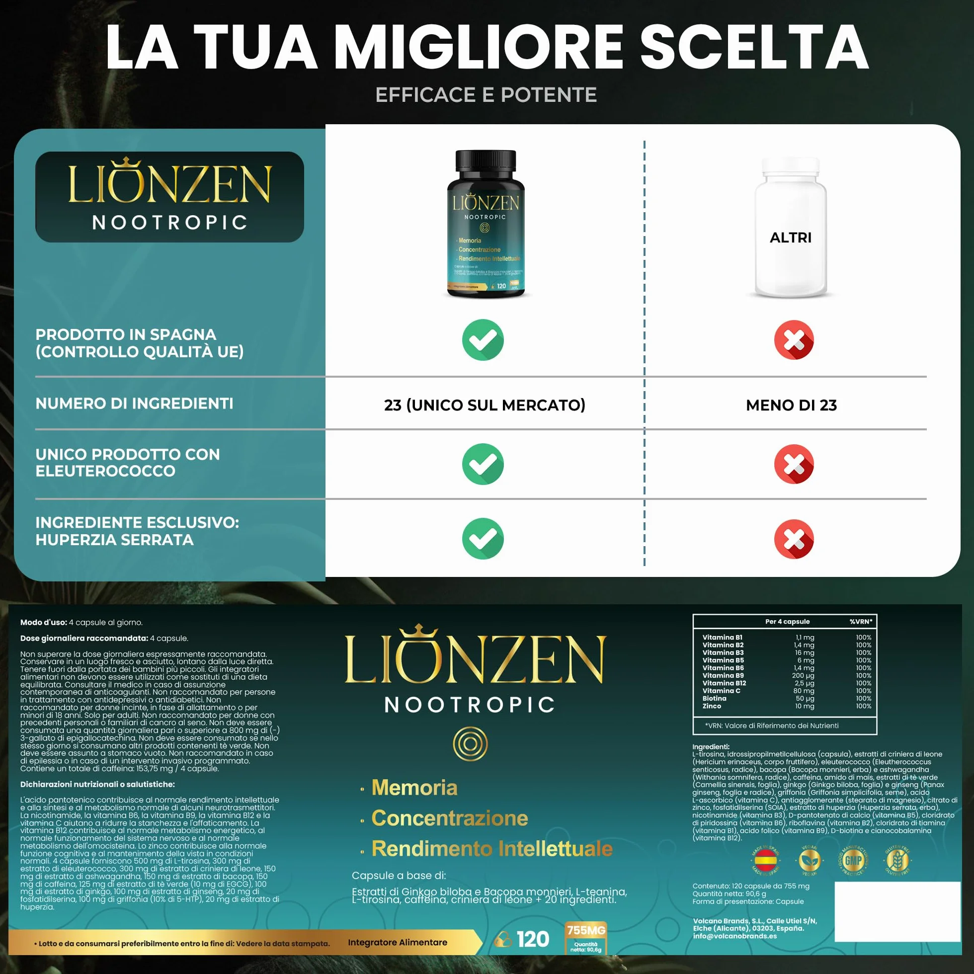 Nootropico concentrato Memoria e Concentrazione 23 ingredienti naturali Bacopa Ginkgo Biloba Caffeina Vitamine Magnesio