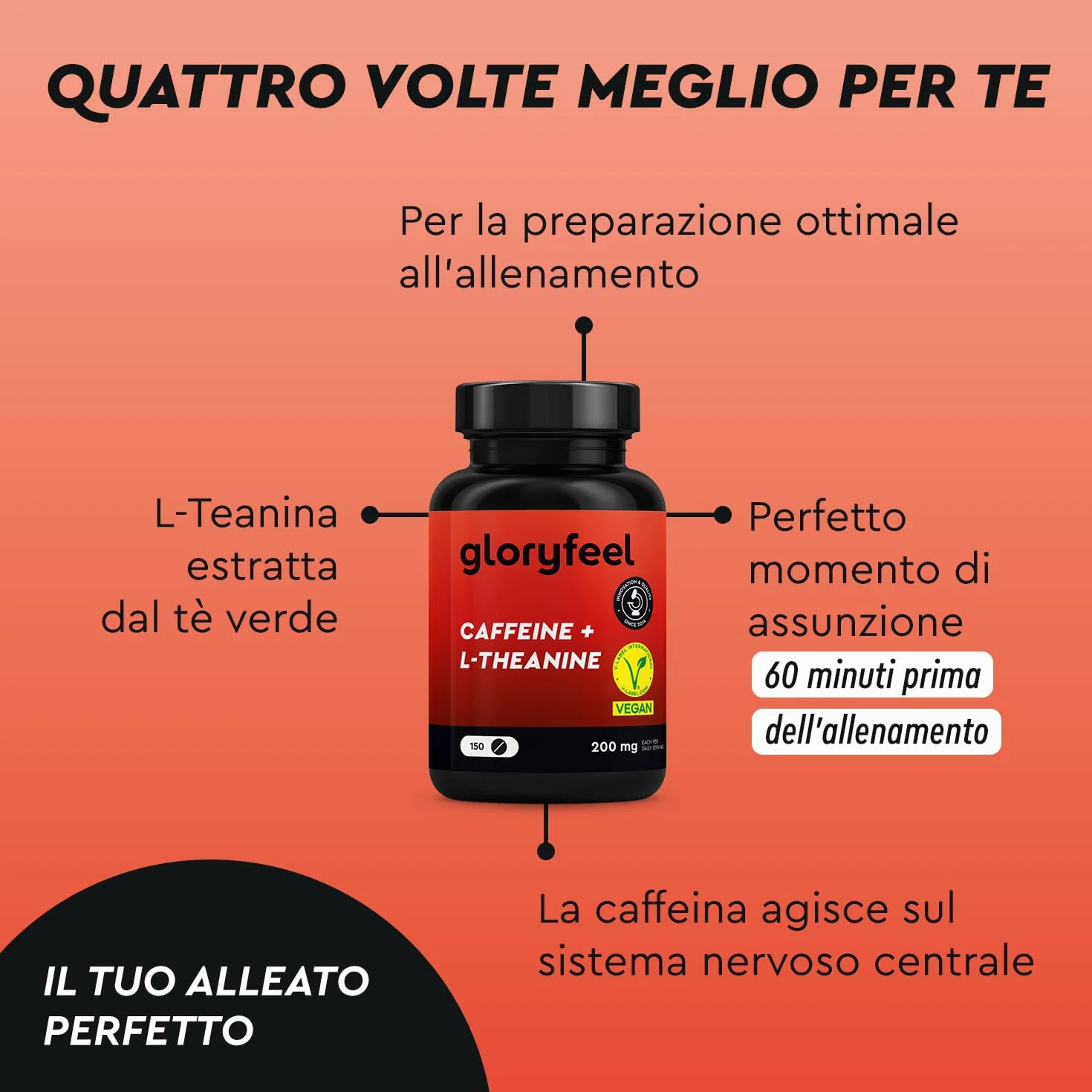 Caffeina + L-Teanina ad alto Dosaggio - 150 Compresse con 200mg di Caggenia + 200mg di L-Teanina da Estratto di Tè verde per dose giornaliera - 100% vegano e testato in Laboratorio