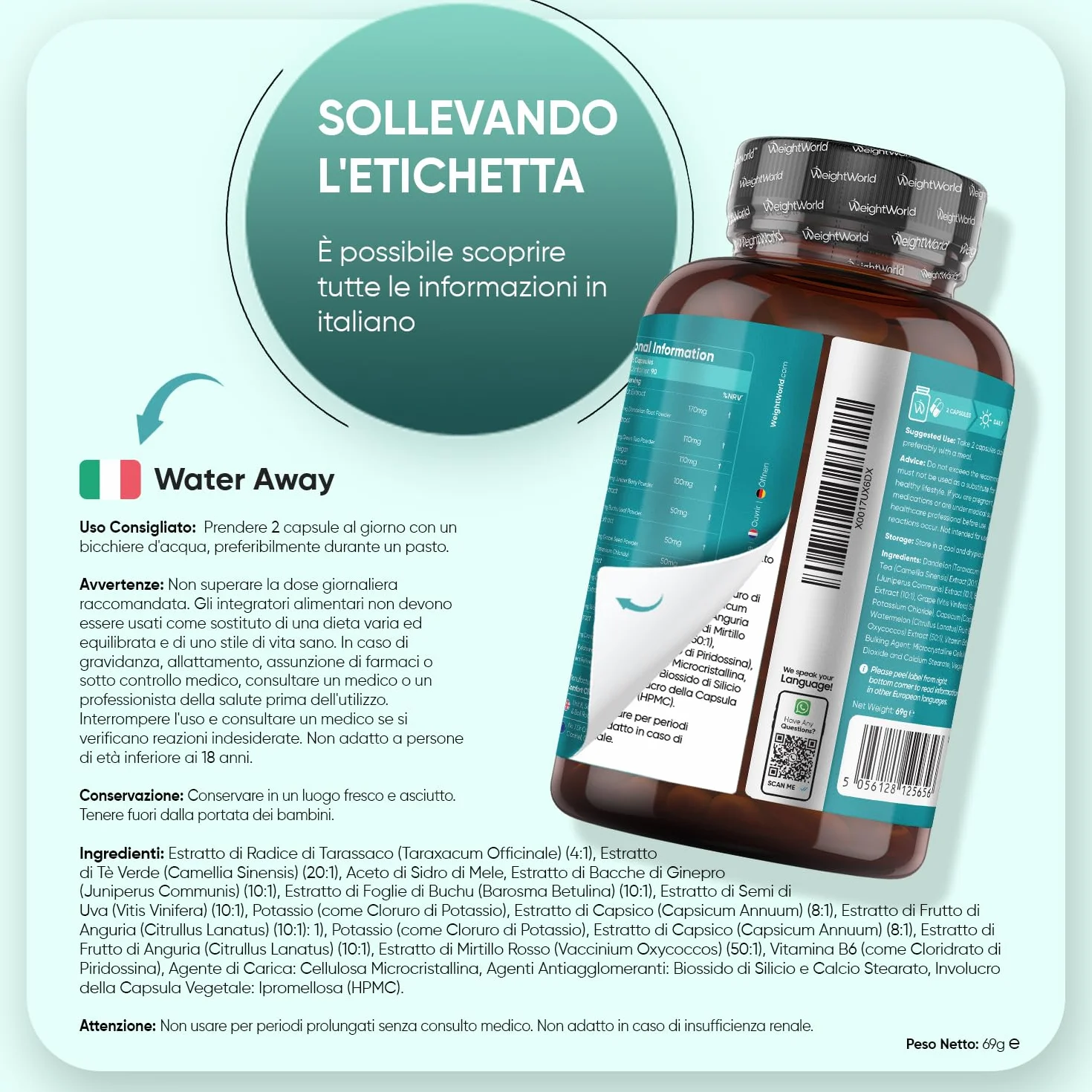 Water Away 180 Capsule Vegane 770mg per Dose Tarassaco con Te Verde e Vitamina B6