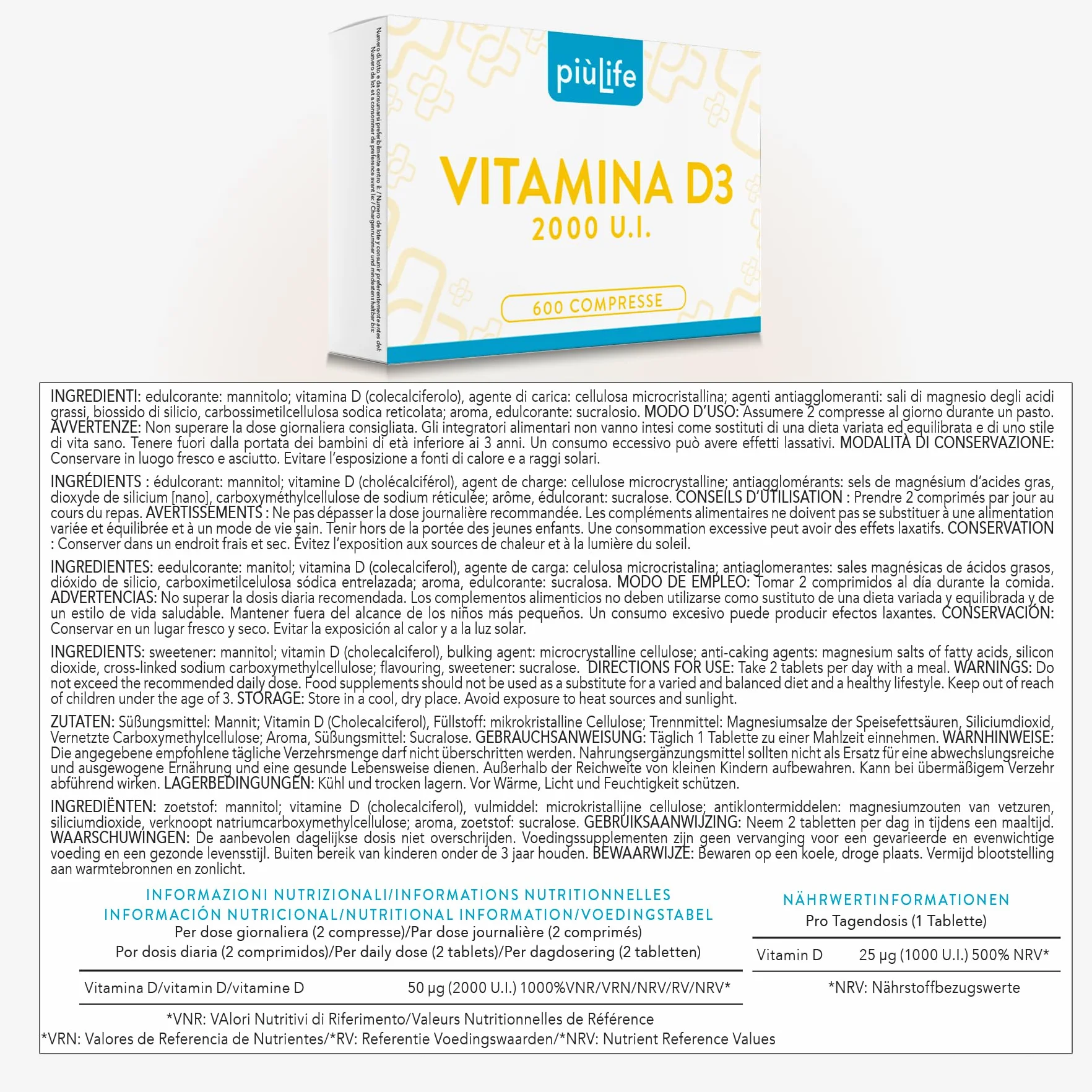 Vitamina D 2000 UI PiùLife, 600 Mini Compresse Vitamina D3 Masticabile (2cpr Per Dose), Integratore Vit D Pura, Difese Immunitarie, Ossa Muscoli Denti, Vit D3 Gluten Free, Lactose Free