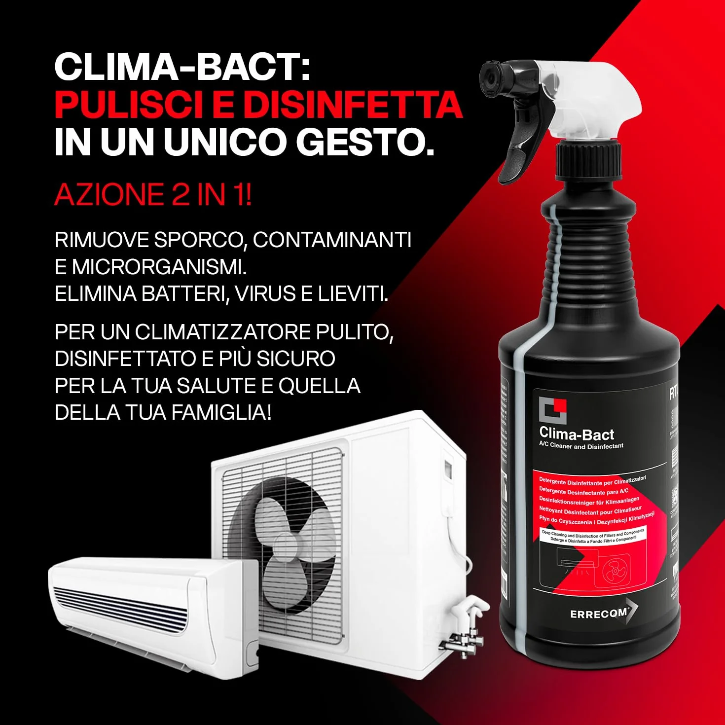ERRECOM Clima-Bact Detergente Disinfettante per Climatizzatori 1L Biocida Biodegradabile