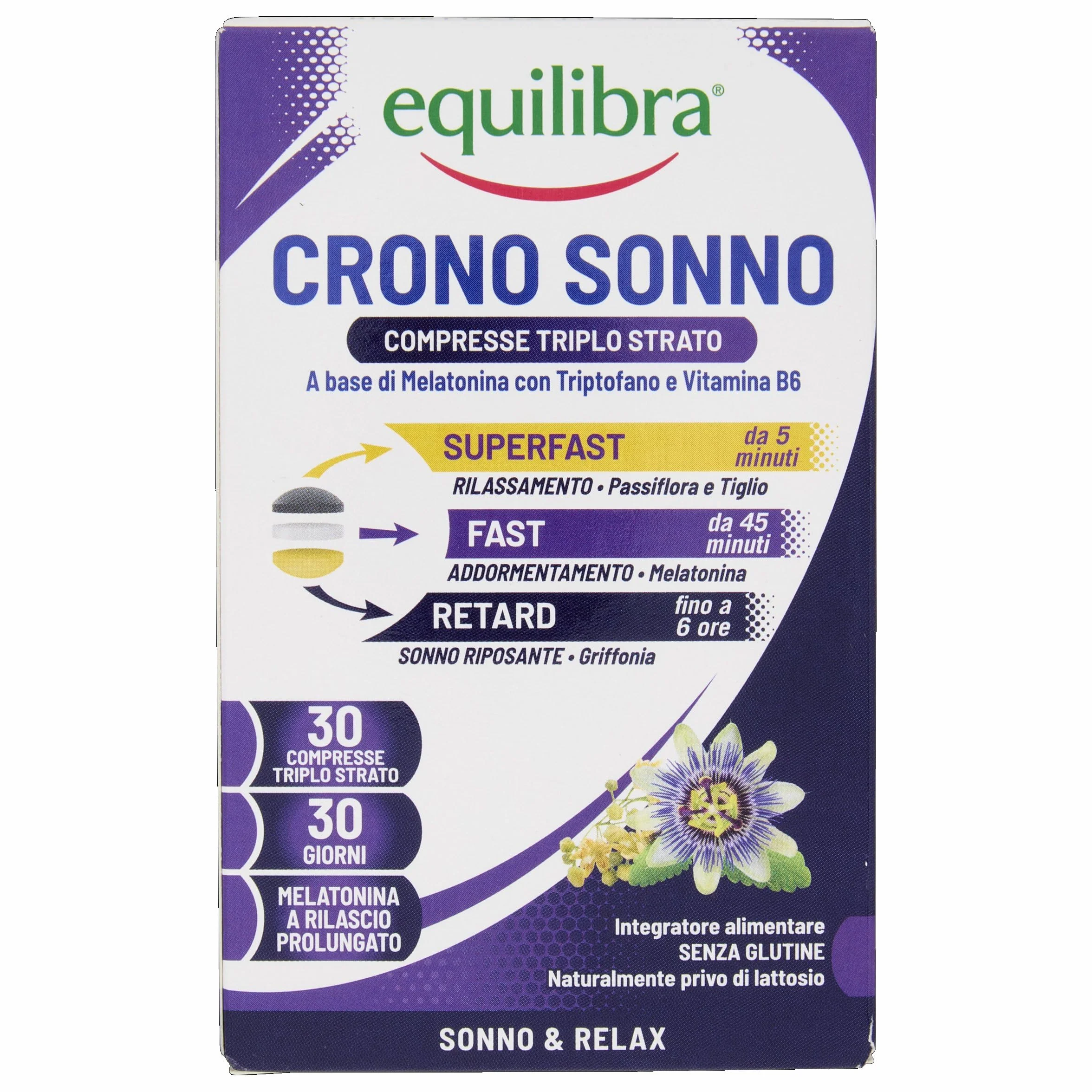 Equilibra Crono Sonno Melatonina Compresse Triplo Strato Rilascio Prolungato 6 ore Vegan Senza Glutine Lattosio