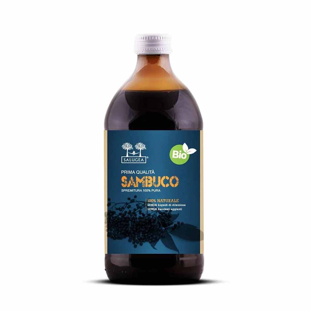 SUCCO DI SAMBUCO BIO Salugea - 100% Puro e Biologico - Integratore Fluidificante per le Vie Respiratorie, Antiossidante, Diuretico e Depurante - Flacone in Vetro Scuro - 500 ml