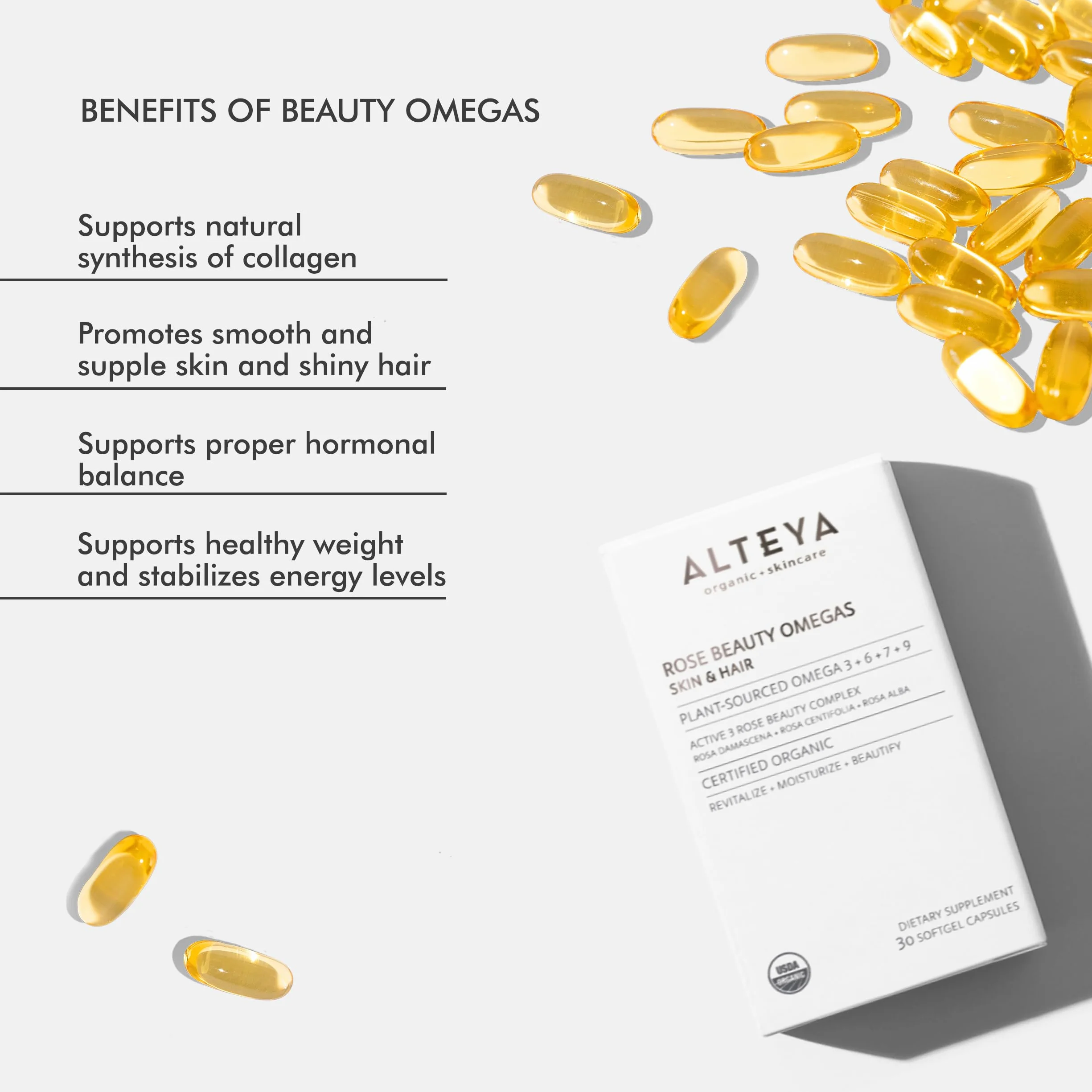 Alteya Bio Rose Beauty Omegas Omega 3+6+7+9 + Antiossidanti 30 Capsule Certificato Biologico USDA Pelle Capelli