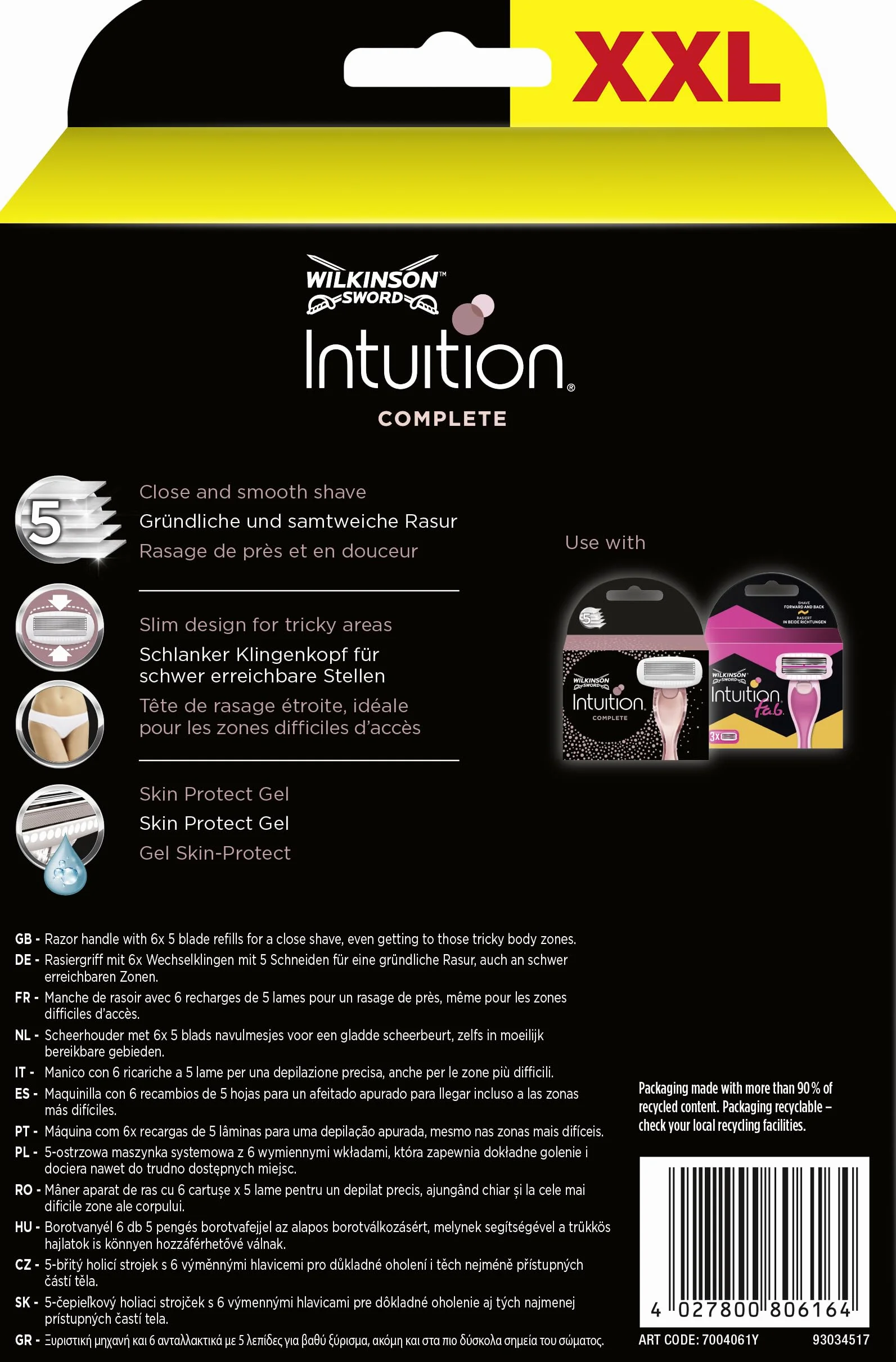 Wilkinson Sword - Intuition Complete XXL Pack - Rasoi per donna - Confezione XXL con 1 rasoio + 6 lame di ricarica - Contiene gel Skin Protect