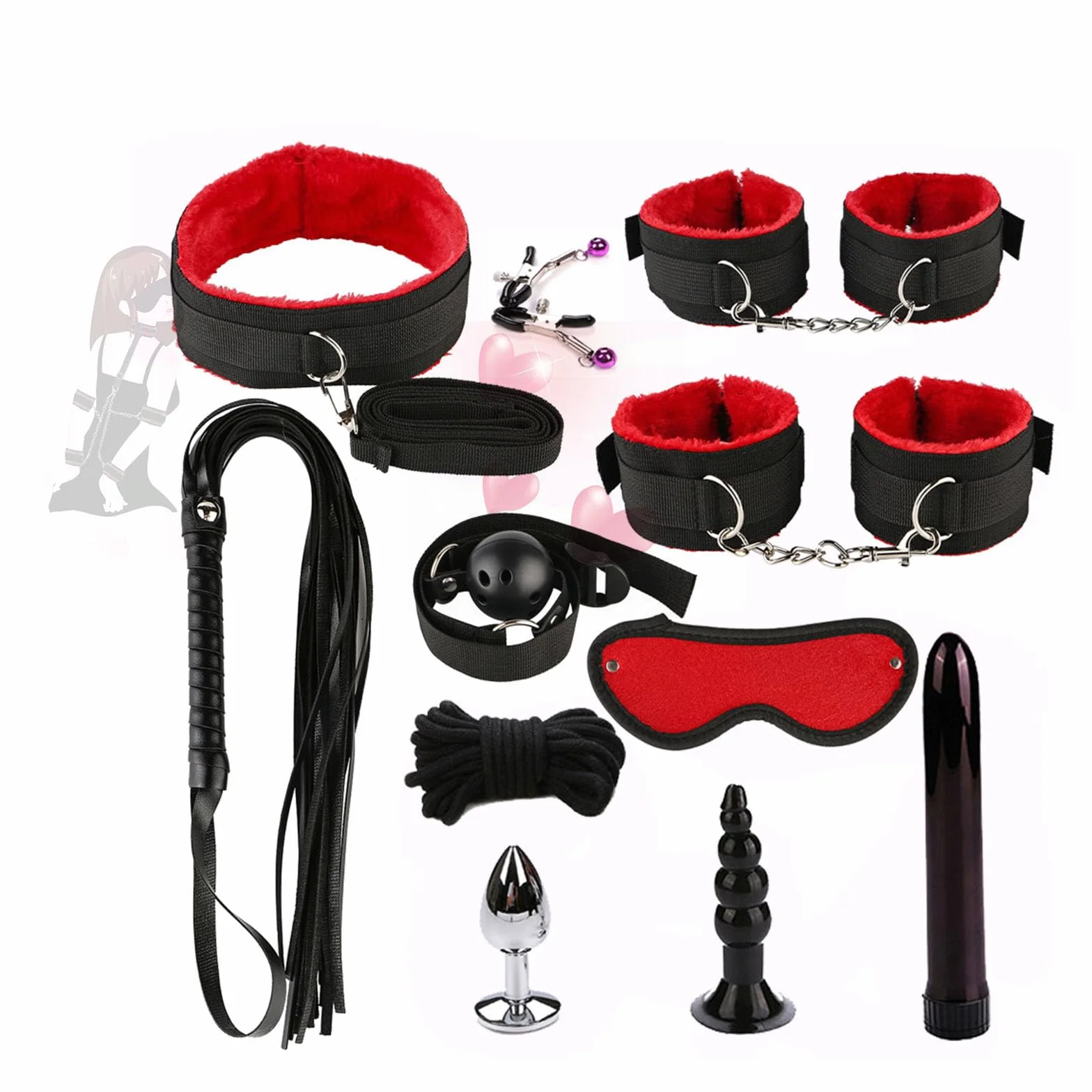HUNTVE Set di 11 romantici Set da Yoga per Coppie in Nylon Regolabile B`D'S`M (Collezione Nera e Rossa)